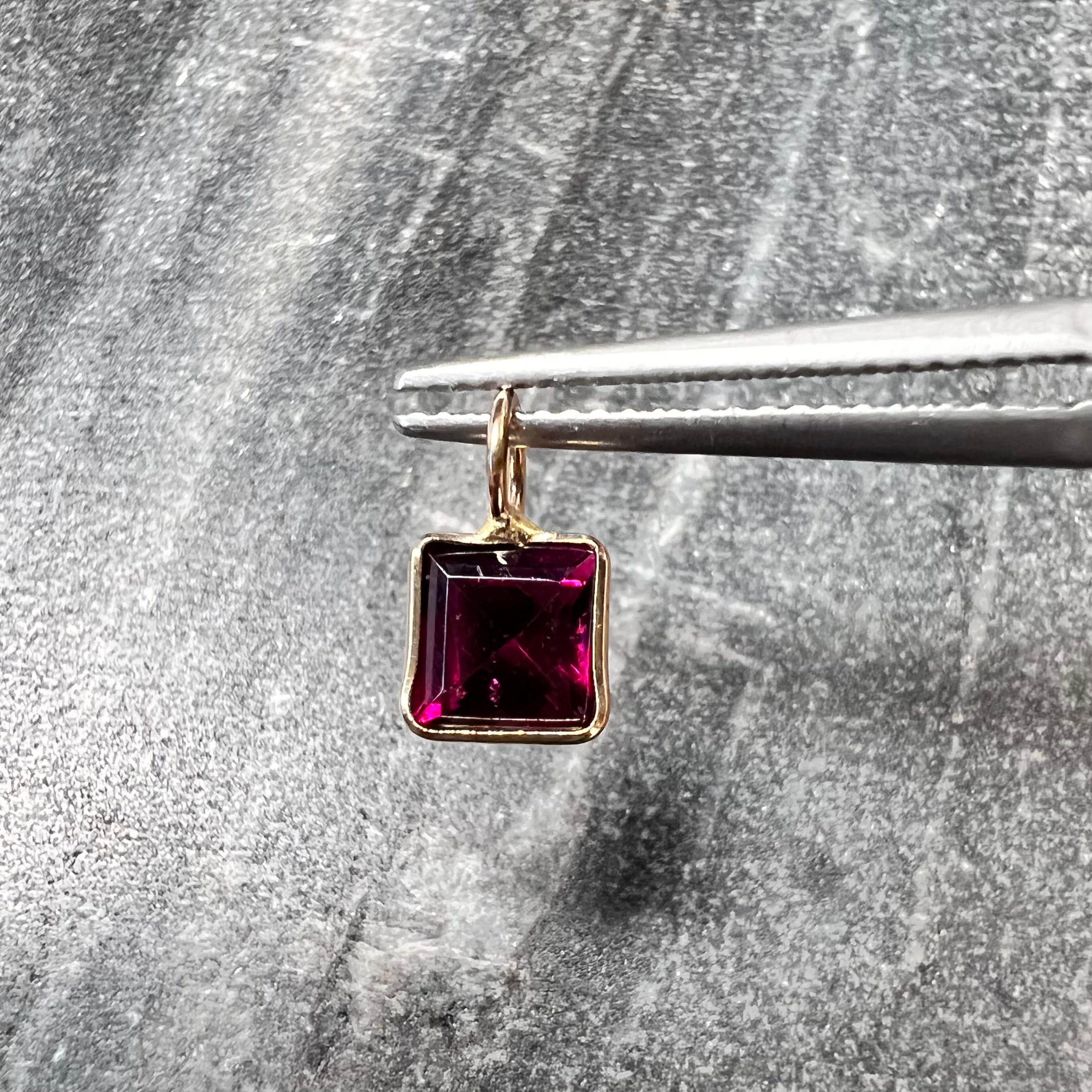 Natural Rhodolite Garnet Ascher Cut 14K Yellow Gold Pendant Charm 10x6mm