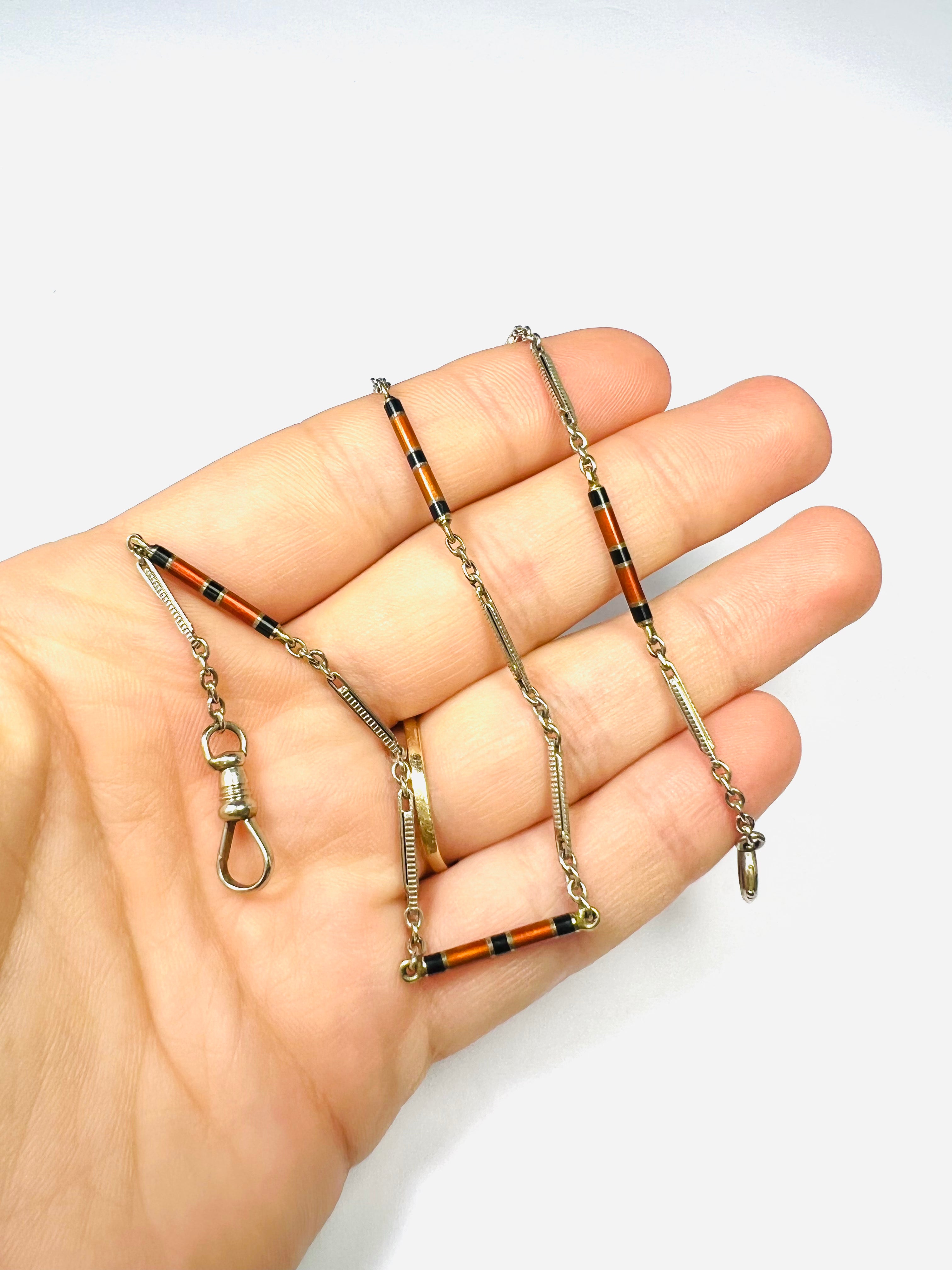 14K White Gold Red and Black Enamel Fob Chain 13.5"