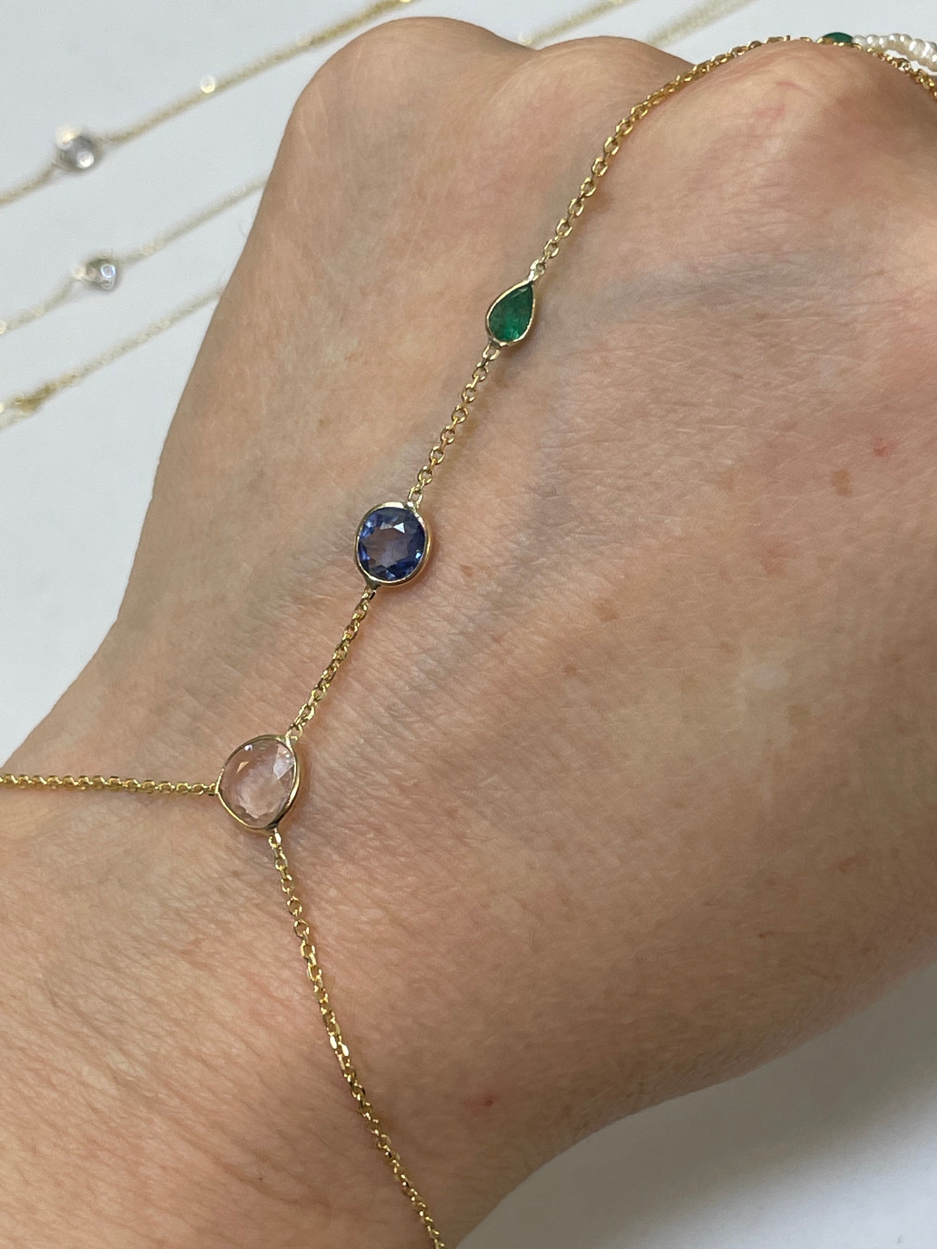 Rose Cut Sapphire, Blue Sapphire and Emerald Hand Chain Solid 14k Yellow Gold