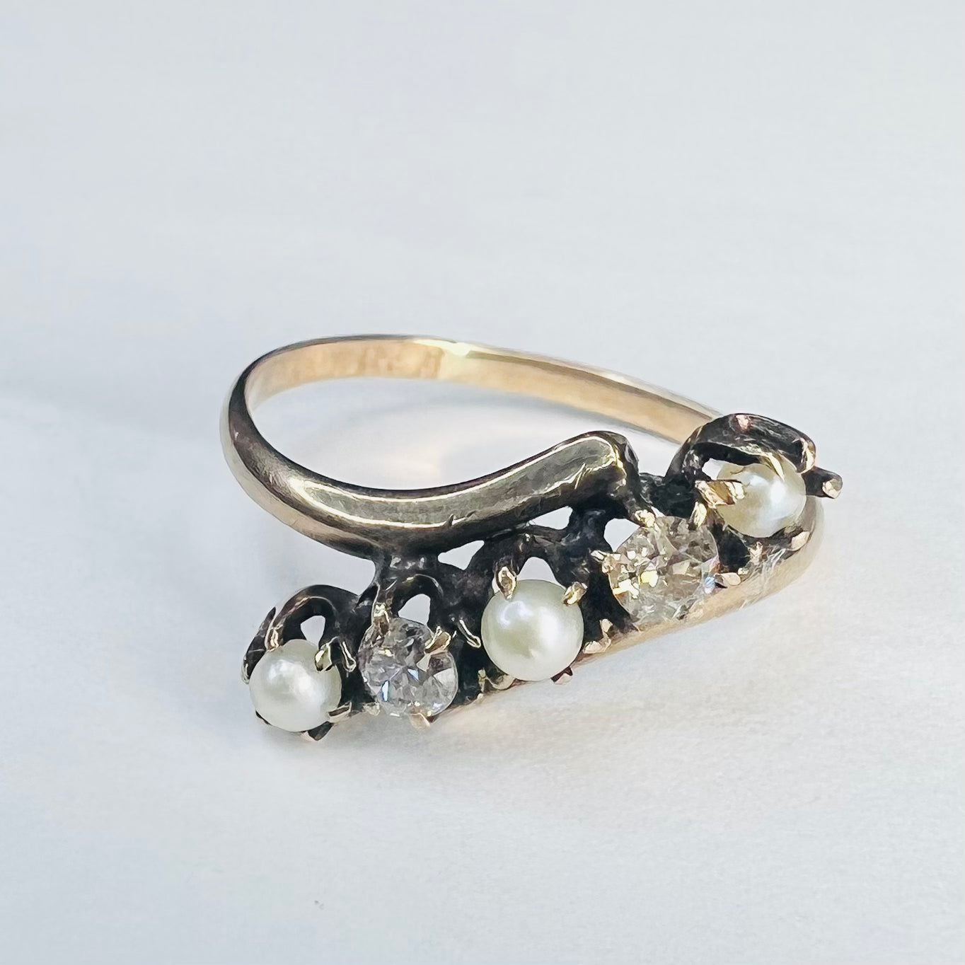 Antique 10K Rose Gold Pearl and Diamond Bypass Band Ring Size 5.25