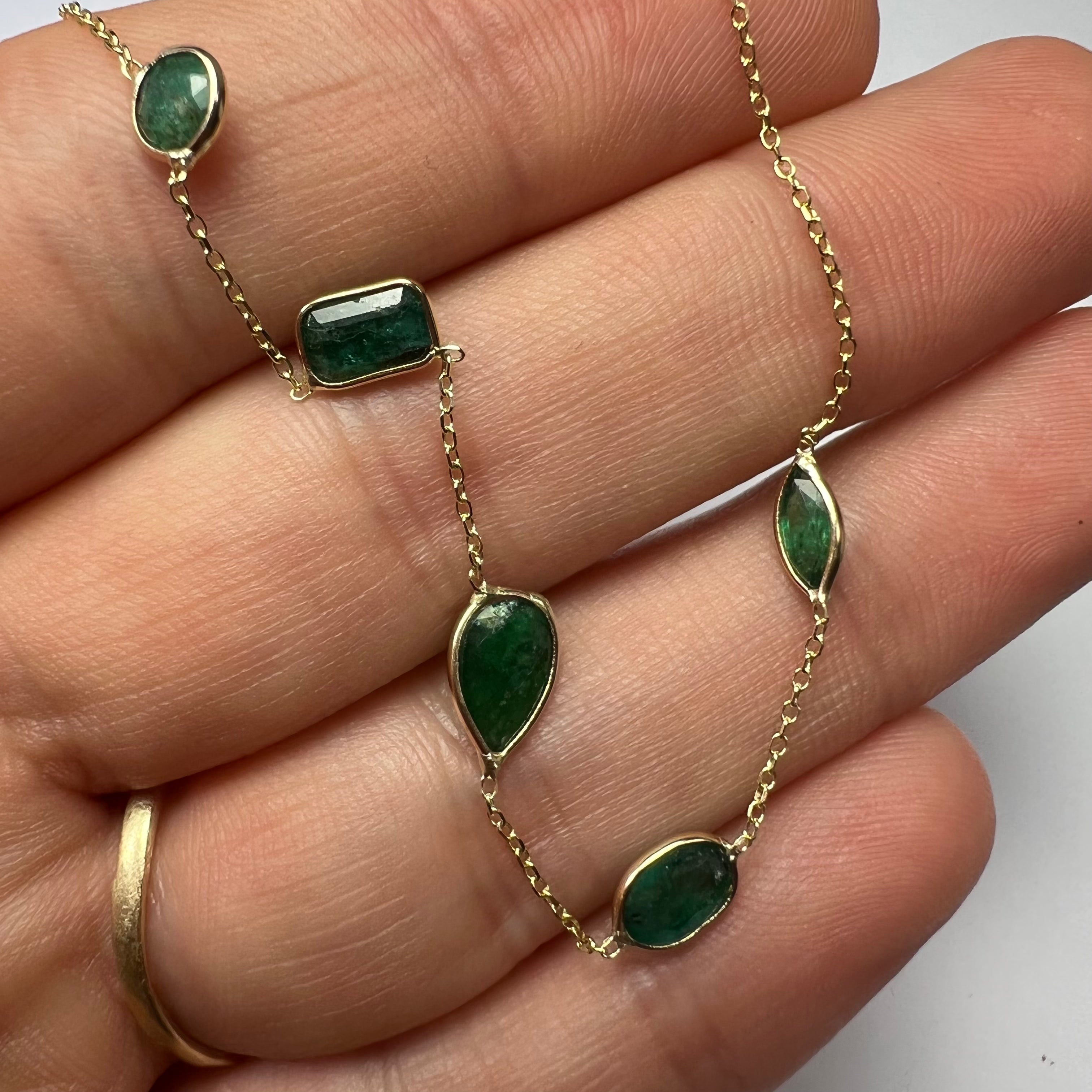 Deep Green Emeralds 16" 14k Yellow Gold Stationed Necklace