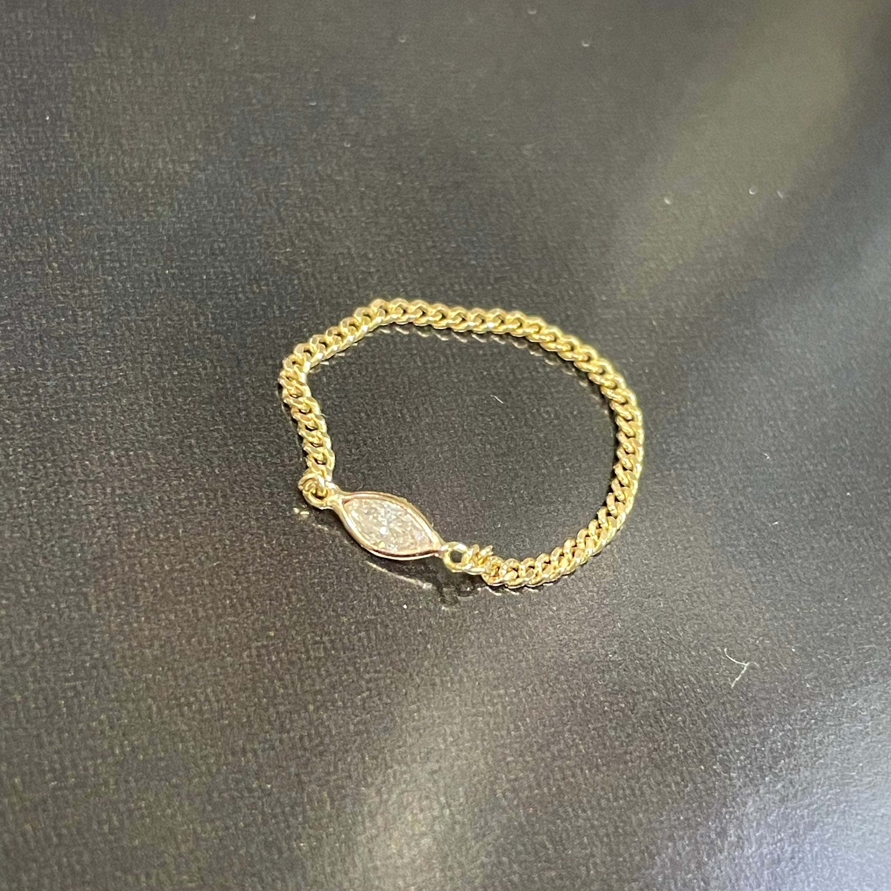 Solid 14K Yellow Gold Marquise Diamond Cuban Chain Ring Size 9.25