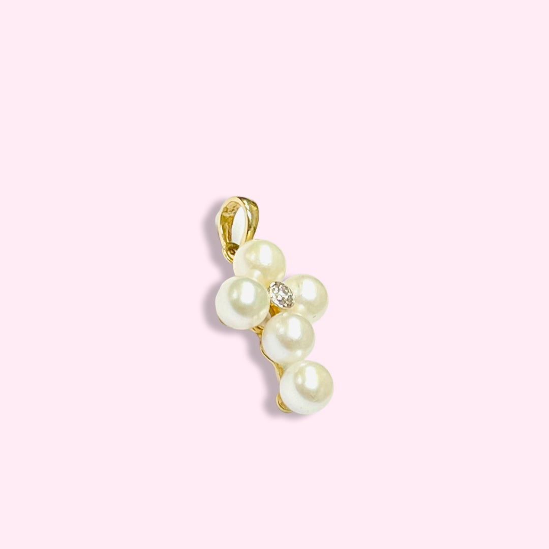 14K Yellow Gold Pearl and Diamond Cross Pendant Charm