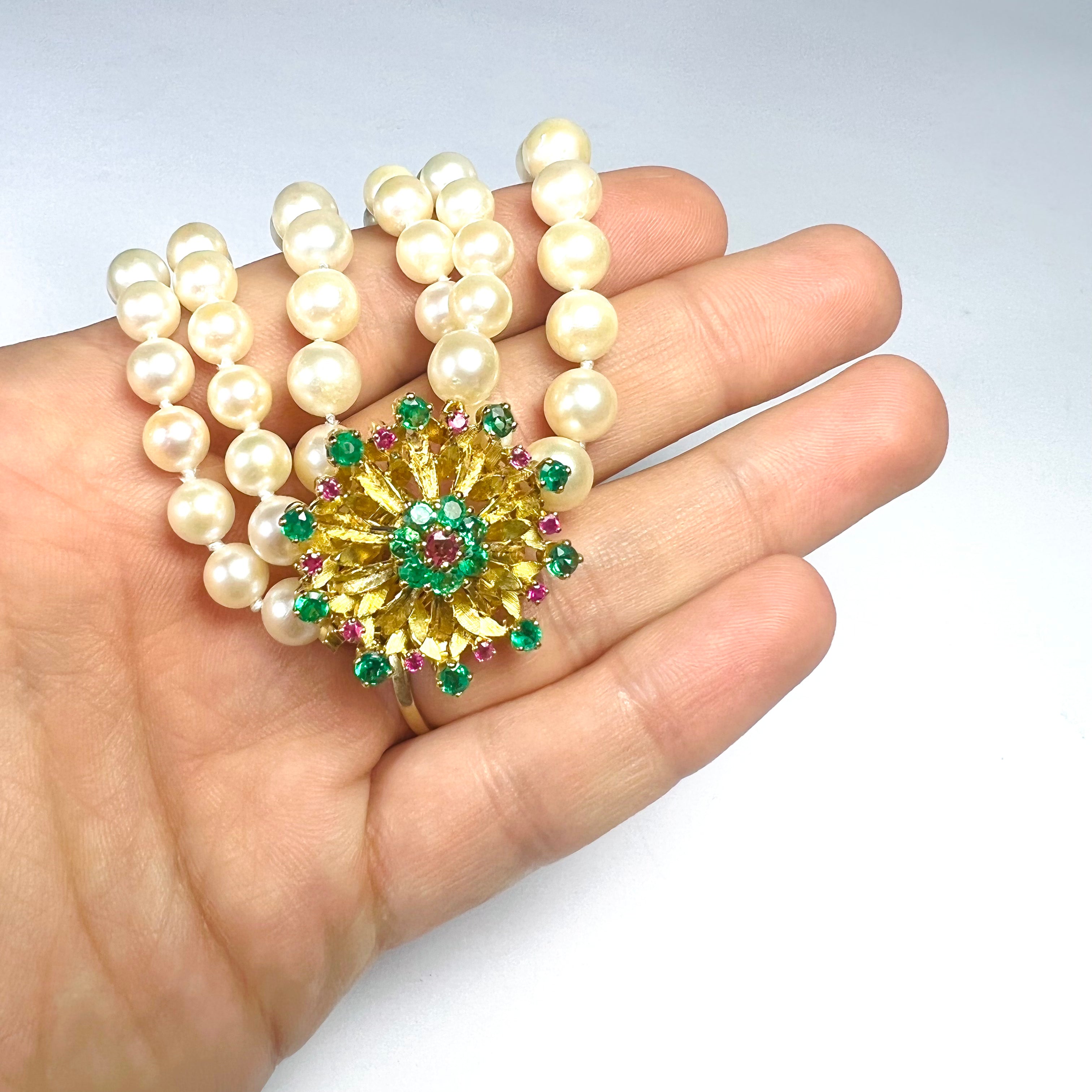 Pearls with Floral Emerald and Ruby 15" 14k Yellow Gold Necklace