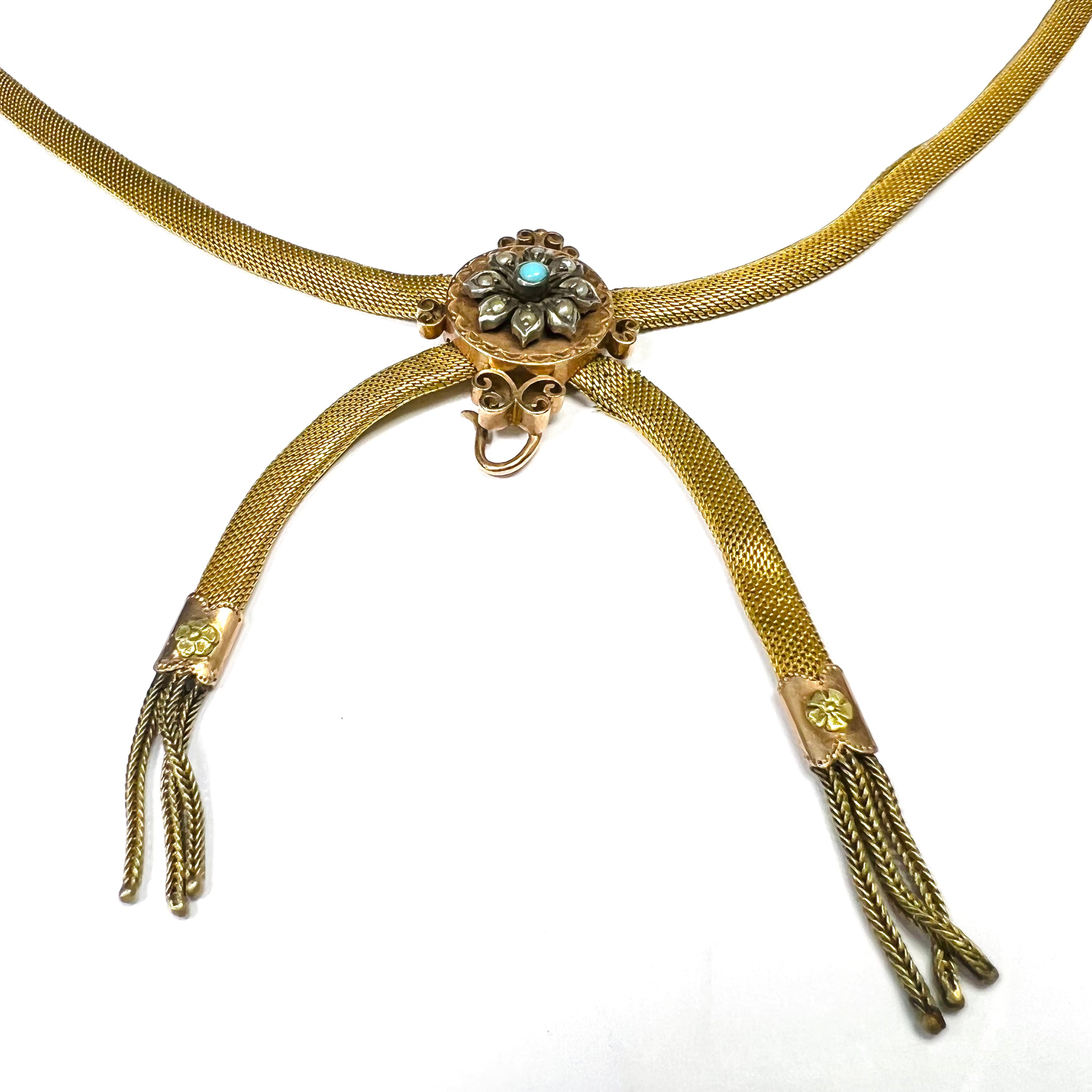 Lovely Antique Victorian Mesh Necklace Floral Turquoise Center Detail 18" 10K Gold