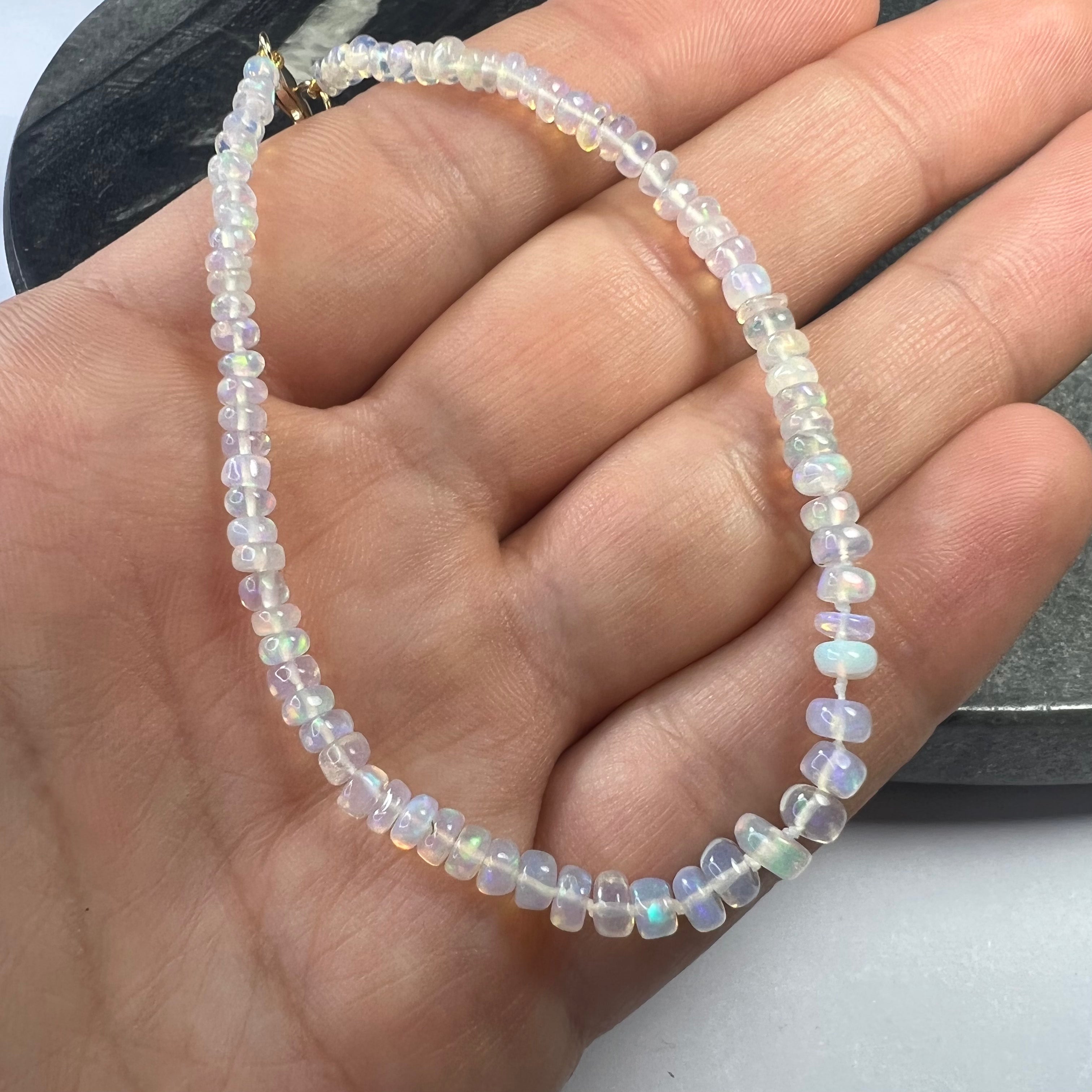 White Opal Beaded Bracelet 14K Gold 7.5"