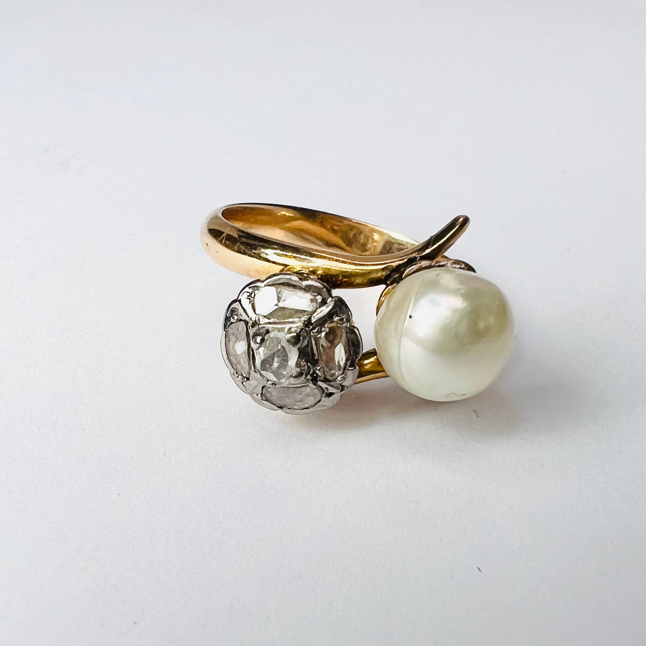 Solid 10K Antique Victorian Pearl and Rose cut Diamond Bypass Ring Band Size 6.25