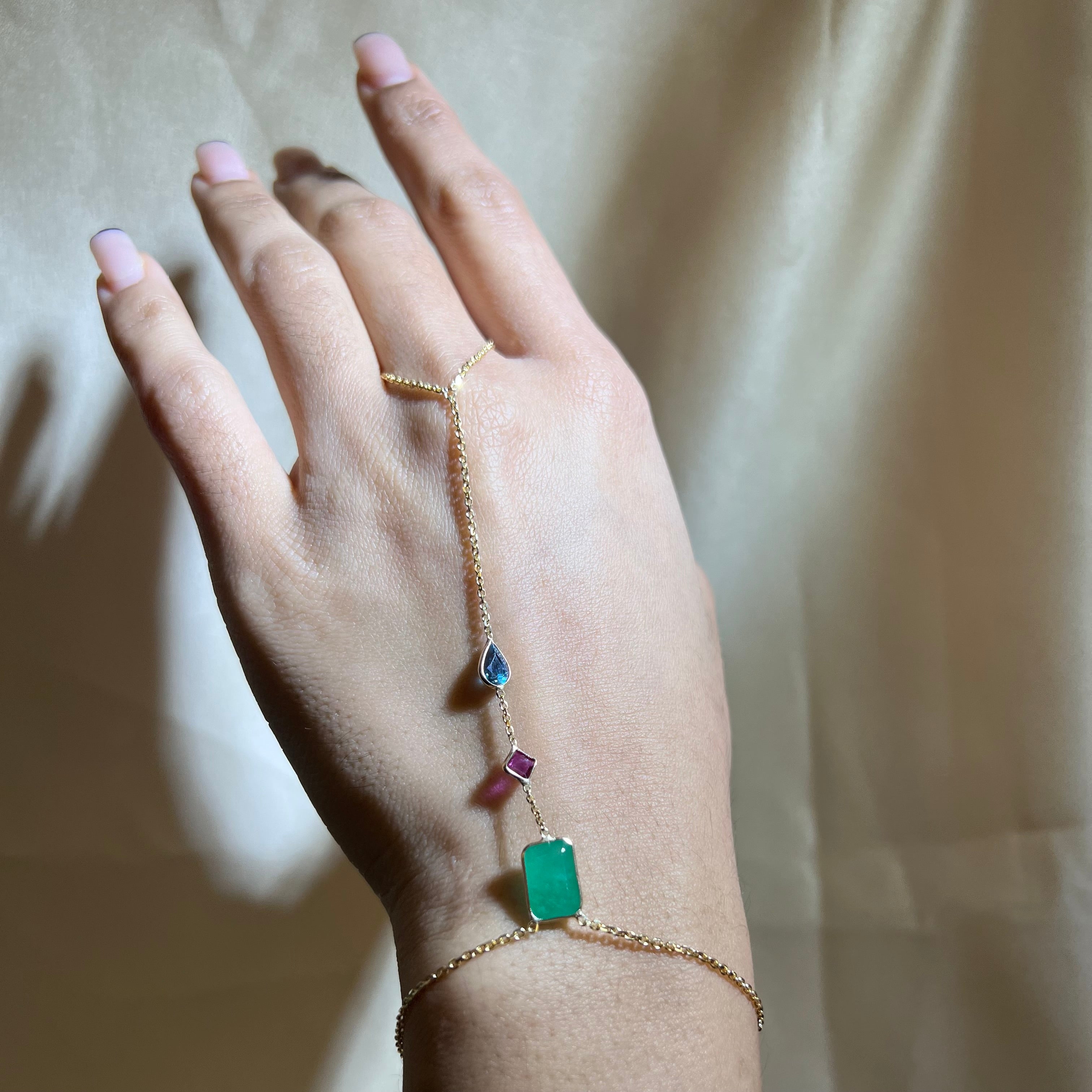 Emerald Ruby Sapphire Handchain Solid 14k Yellow Gold