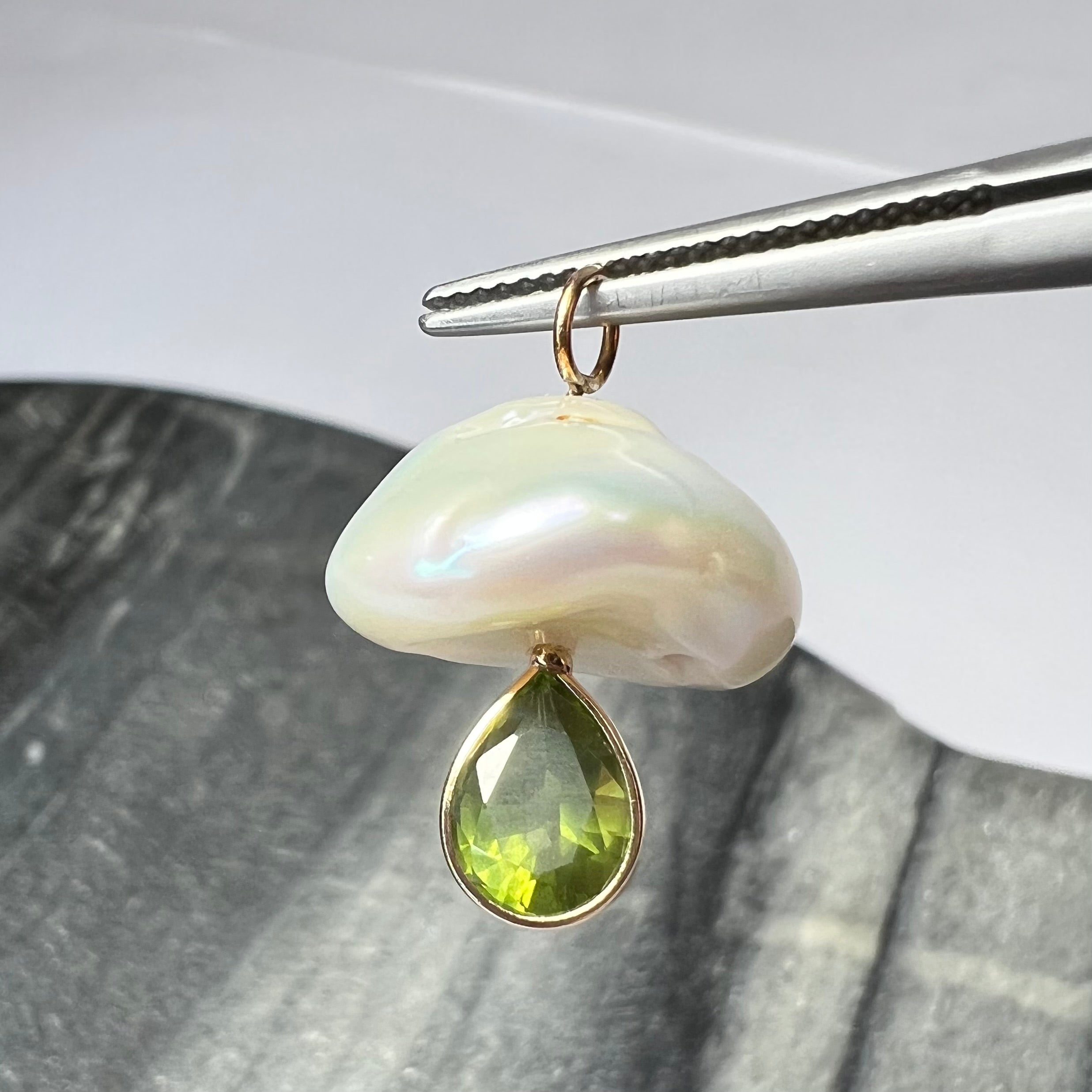 Natural Green Pear Tourmaline and Pearl Mushroom 14K Yellow Gold Pendant Charm 23x16mm