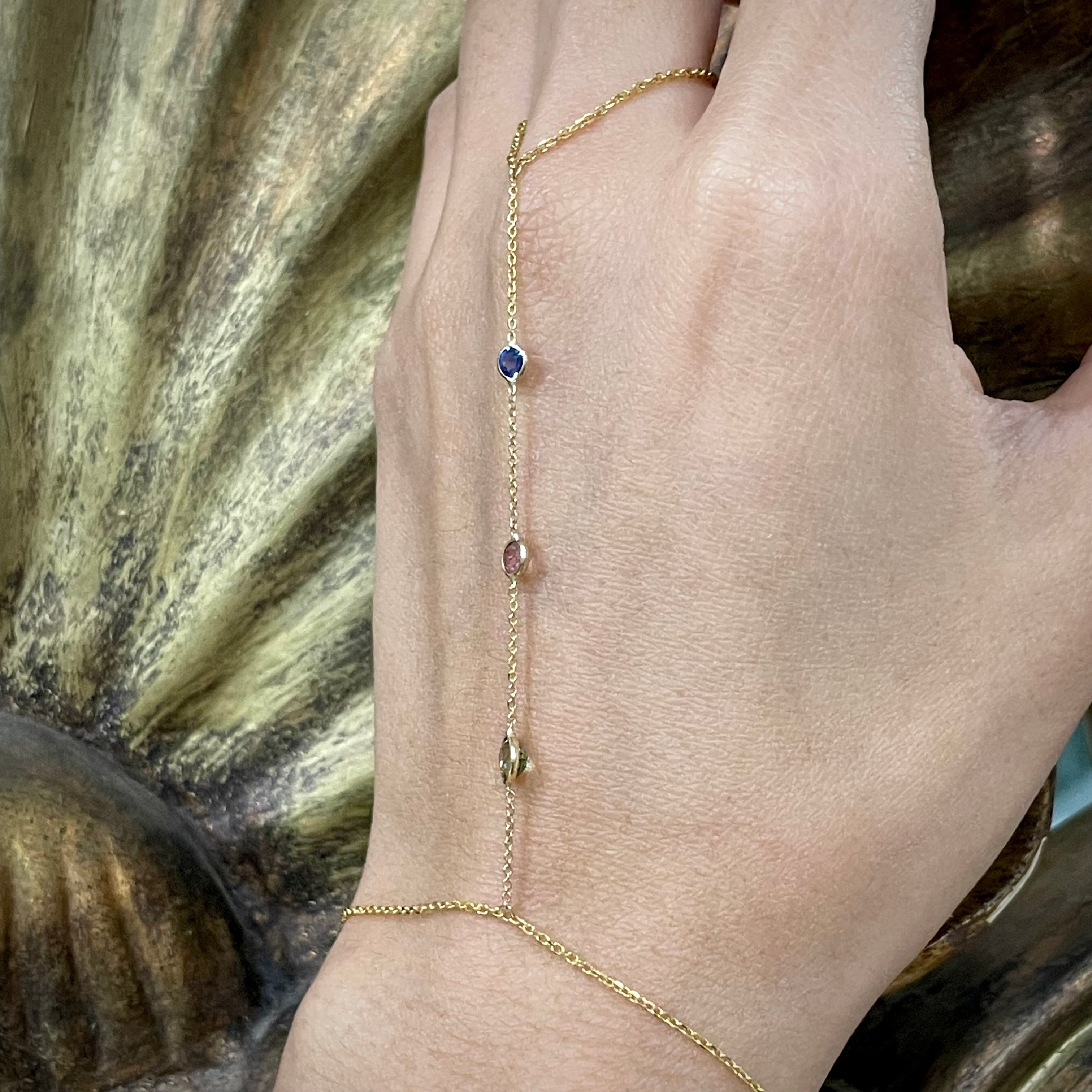 Multi-color Sapphires HandChain in solid 14k Yellow Gold