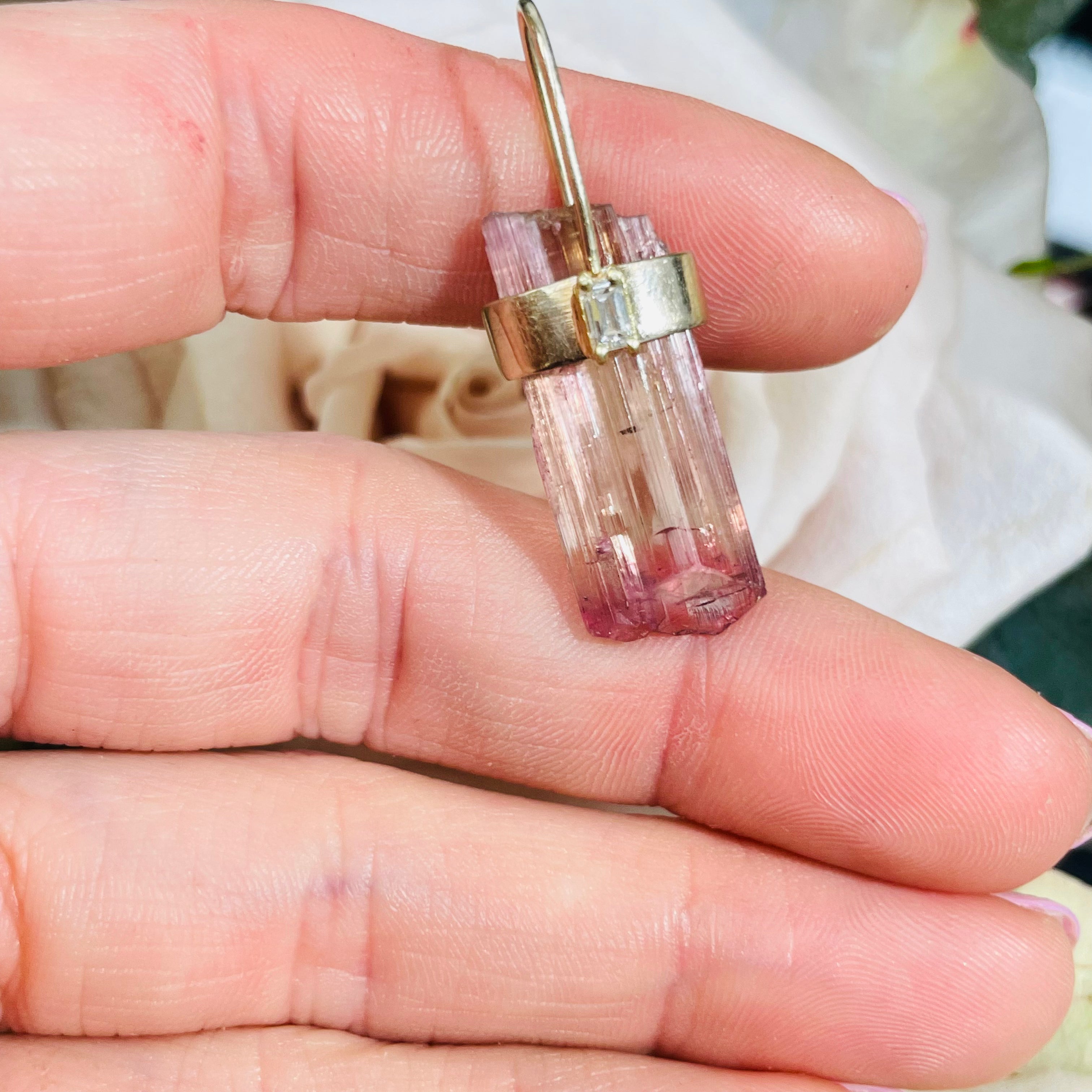 Rough Pink Tourmaline and Diamond 14K Yellow Gold Amulet