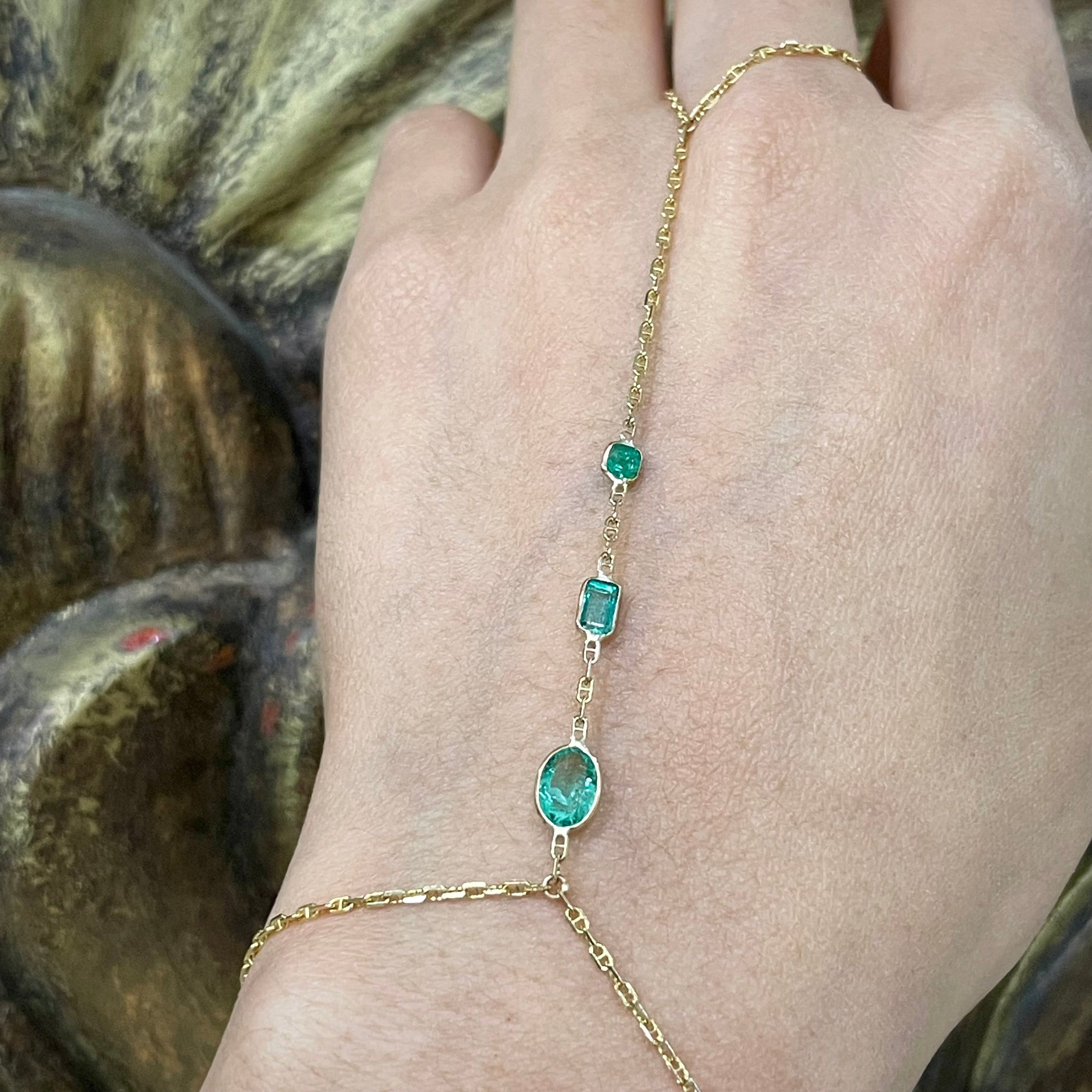Multi Emerald HandChain in solid 14k Yellow Gold