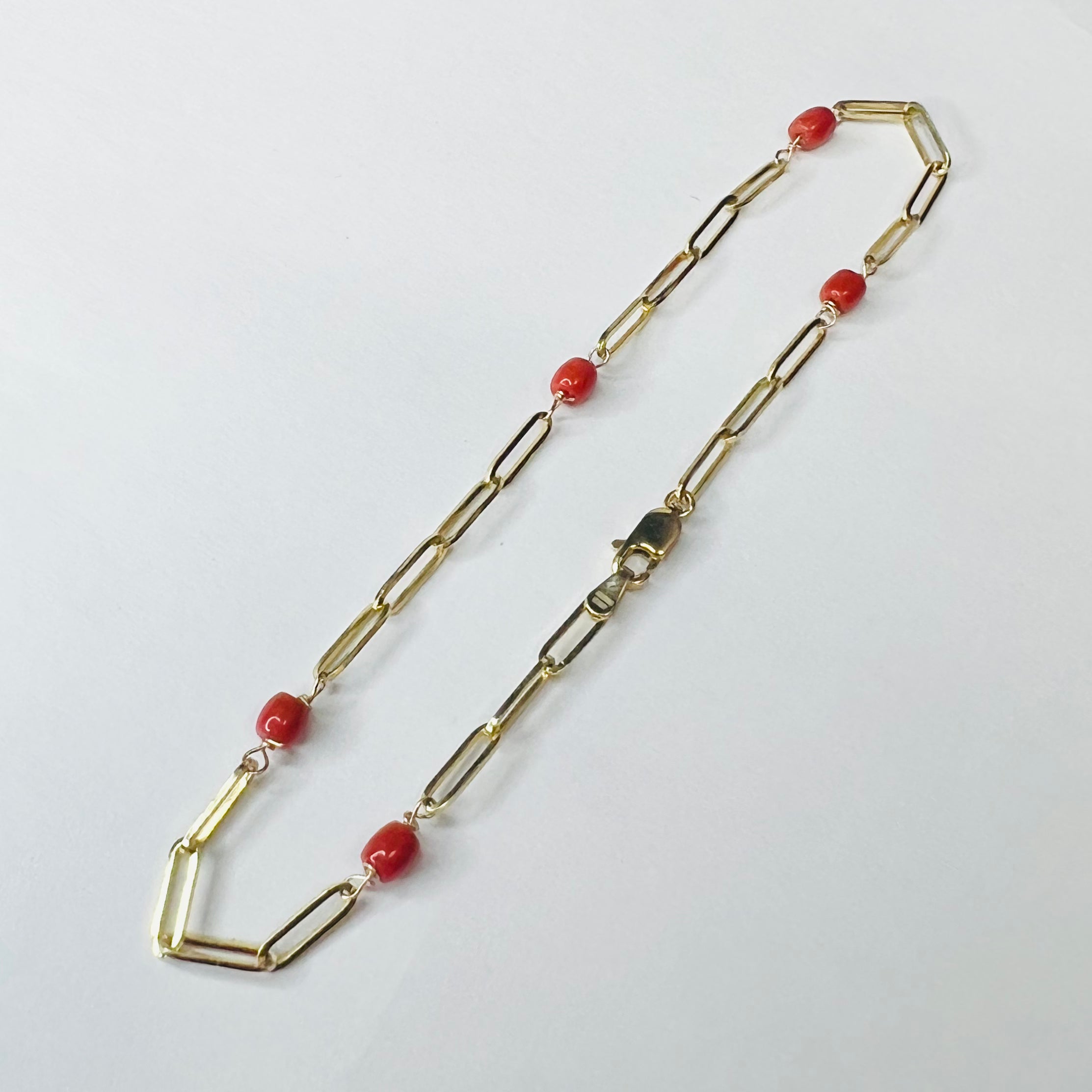 Solid 14K Yellow Gold Coral Beads Station Paperclip Anklet 10"