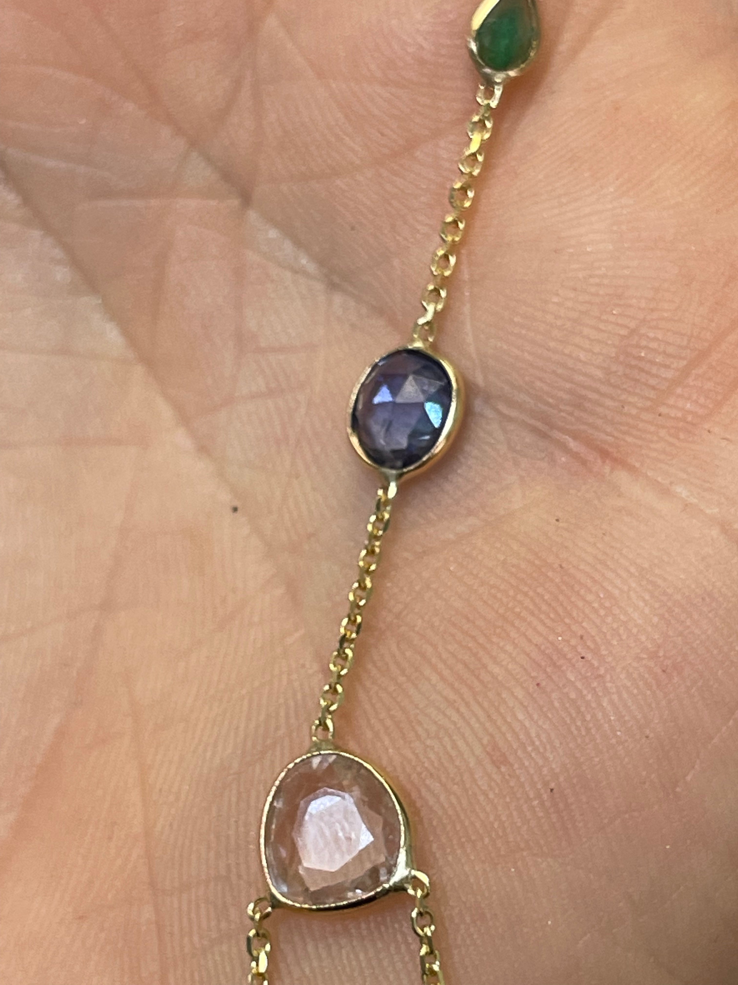 Rose Cut Sapphire, Blue Sapphire and Emerald Hand Chain Solid 14k Yellow Gold
