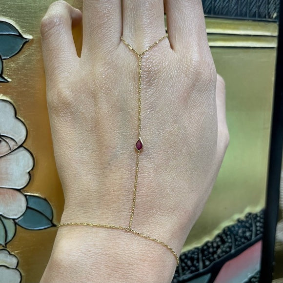 Ruby Hand Chain Bracelet in solid 14k Yellow Gold 5x3.5mm