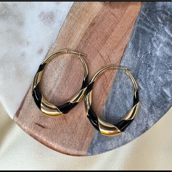Black Swirl Enamel Earrings In 18K Yellow Gold 2"X1.4"