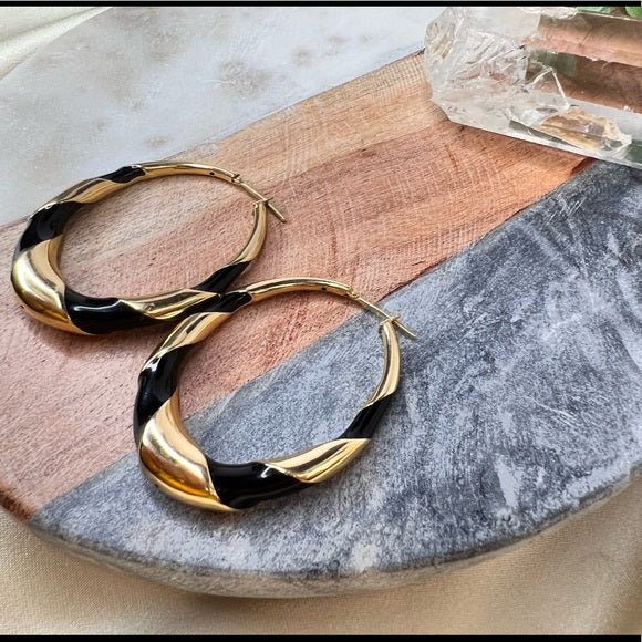 Black Swirl Enamel Earrings In 18K Yellow Gold 2"X1.4"