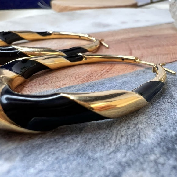 Black Swirl Enamel Earrings In 18K Yellow Gold 2"X1.4"