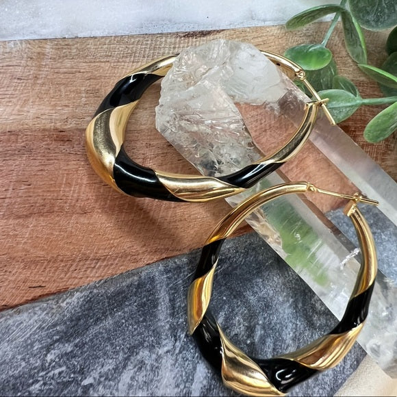 Black Swirl Enamel Earrings In 18K Yellow Gold 2"X1.4"