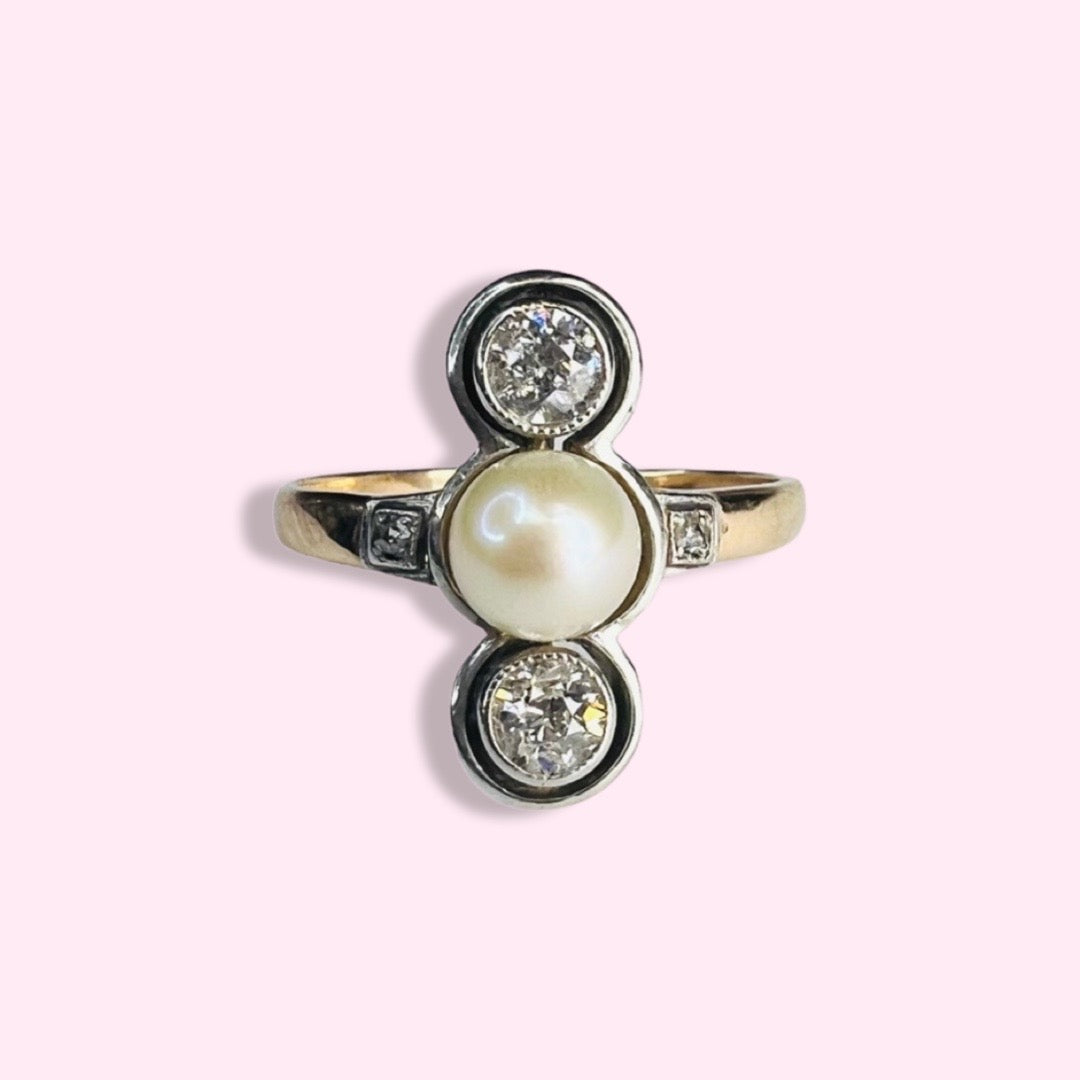 Antique 14K Yellow Gold .40ctw Diamond & Pearl Ring Size 5