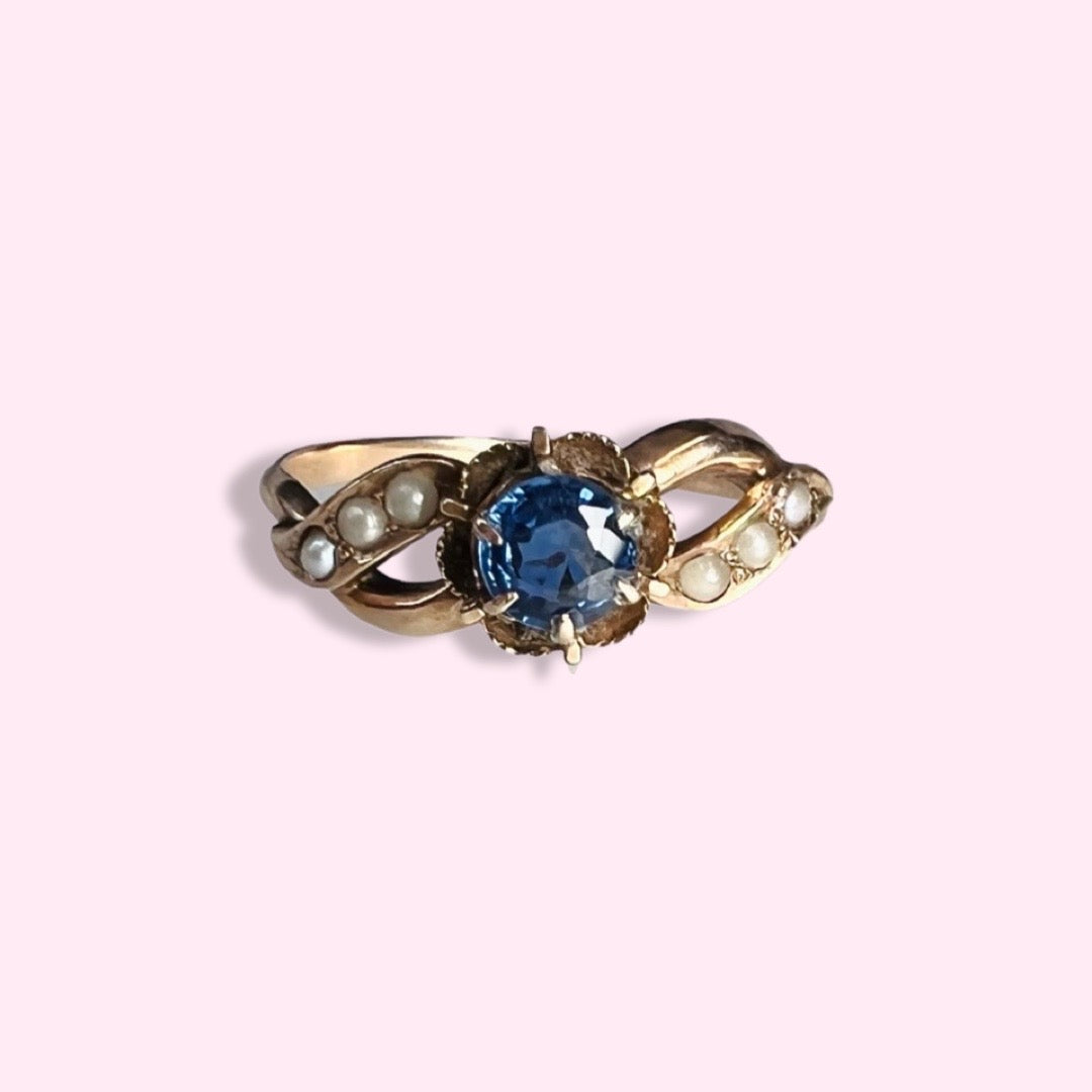 Antique 10K Rose Gold Sapphire and Pearl Ring Size 6.5
