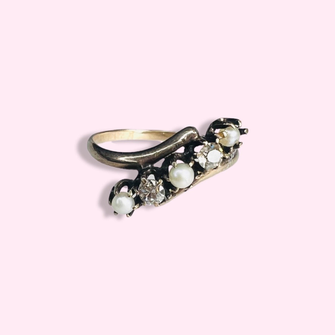 Antique 10K Rose Gold Pearl and Diamond Bypass Band Ring Size 5.25