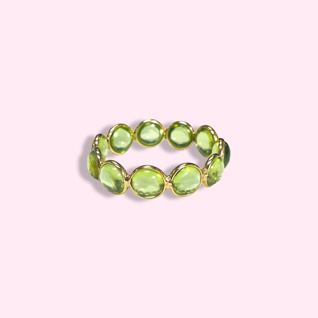 18K Yellow Gold Natural Round Cabochon Peridot Eternity Ring Size 6.25