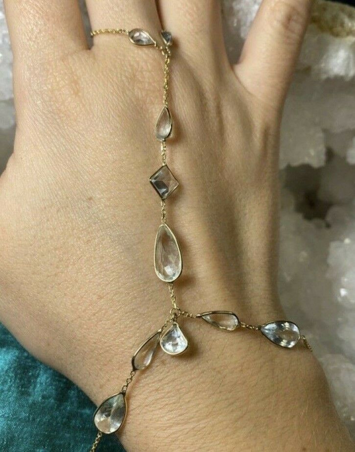 Natural Aquamarine Solid 14K Yellow Gold HandChain Bracelet 7.5"