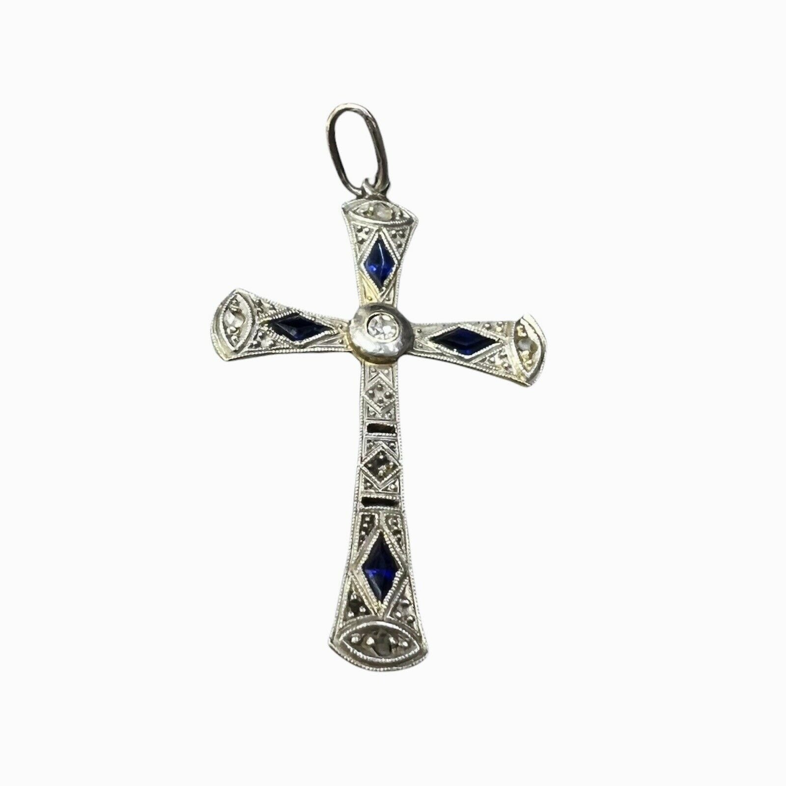 Platinum Sapphire and Rose Cut Diamond Cross Pendant 1.5 x .90"