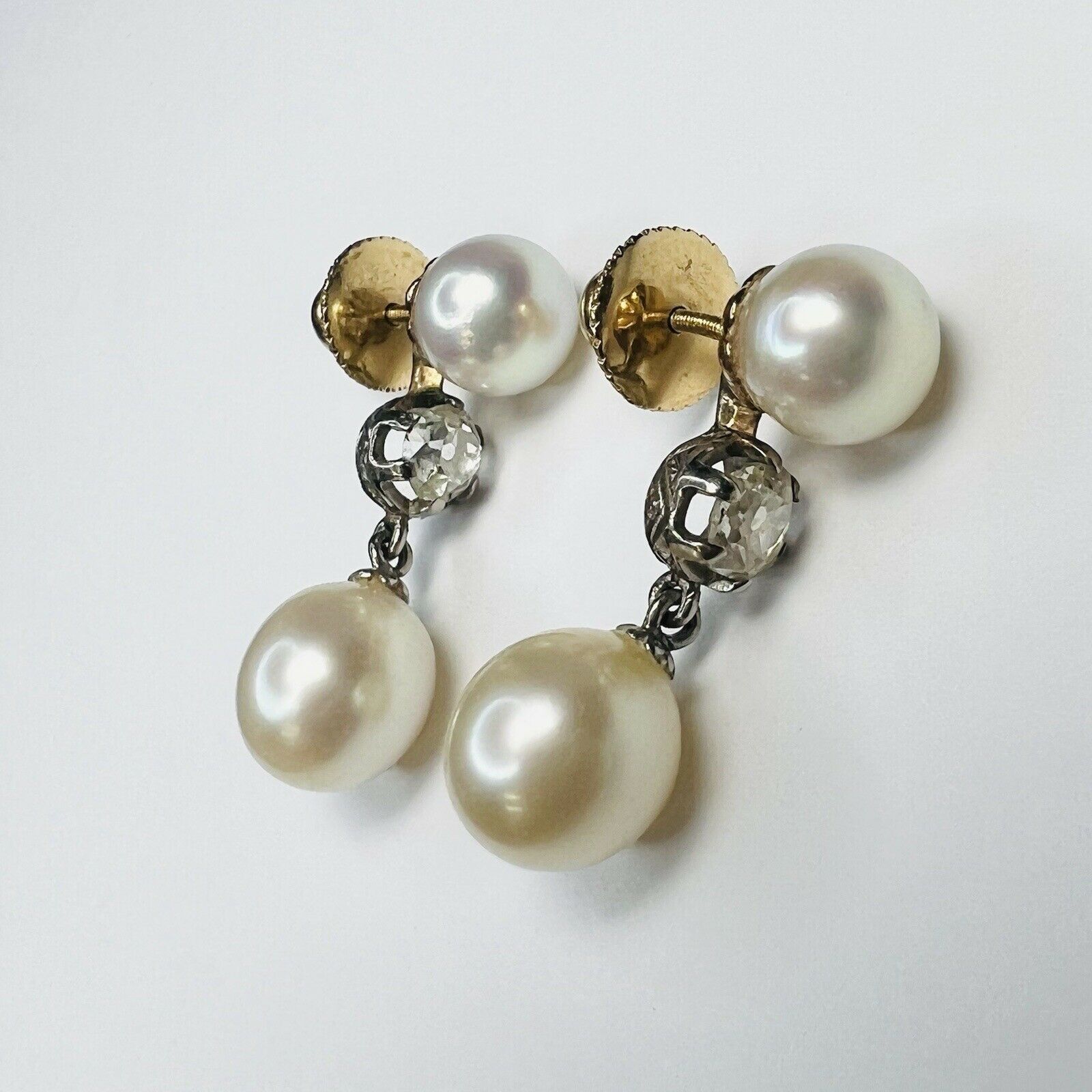 14K Yellow & White Gold Pearl and Diamond Dangle Drop Earring 1"