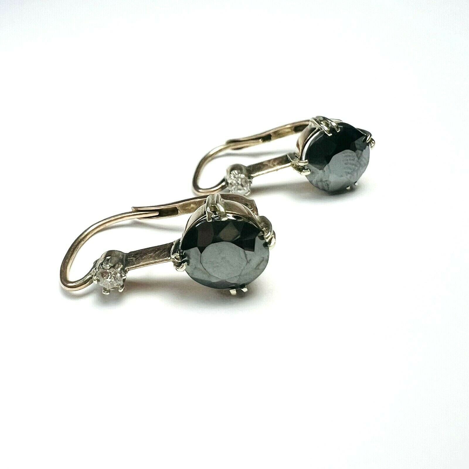 14K Rose Gold Hematite & Diamond Drop Lever Back Earring 15mm