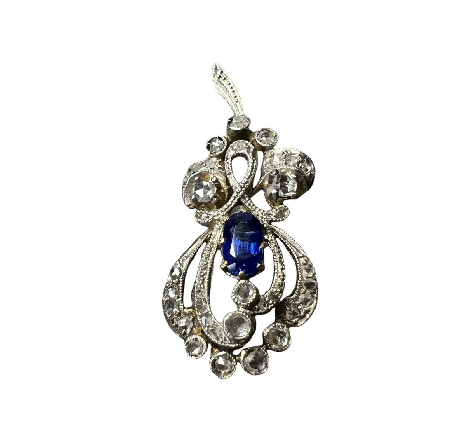 Antique Sapphire and Diamond Platinum and Yellow Gold Pendant 1.3x.60"