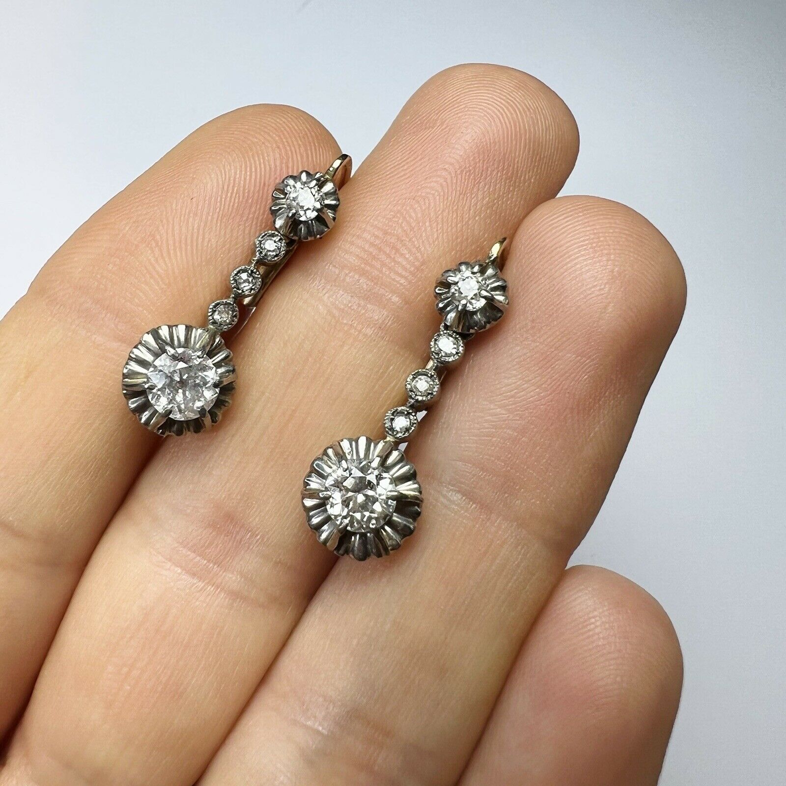 14K Yellow and White Gold Diamond Dangle Drop Lever Back Earring 1"