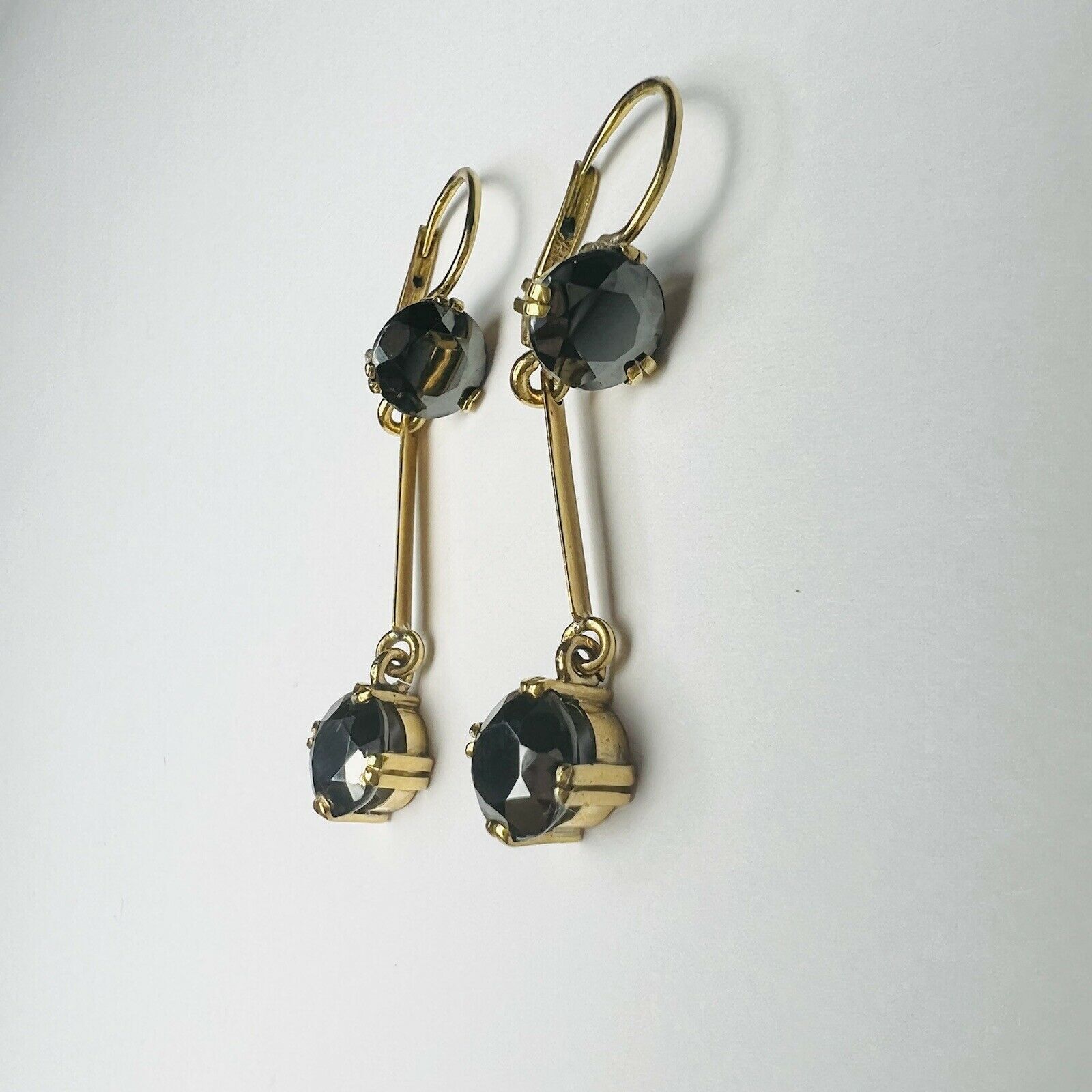 14K Yellow gold Round Hematite Dangle Drop Lever Back Earrings 1.2"