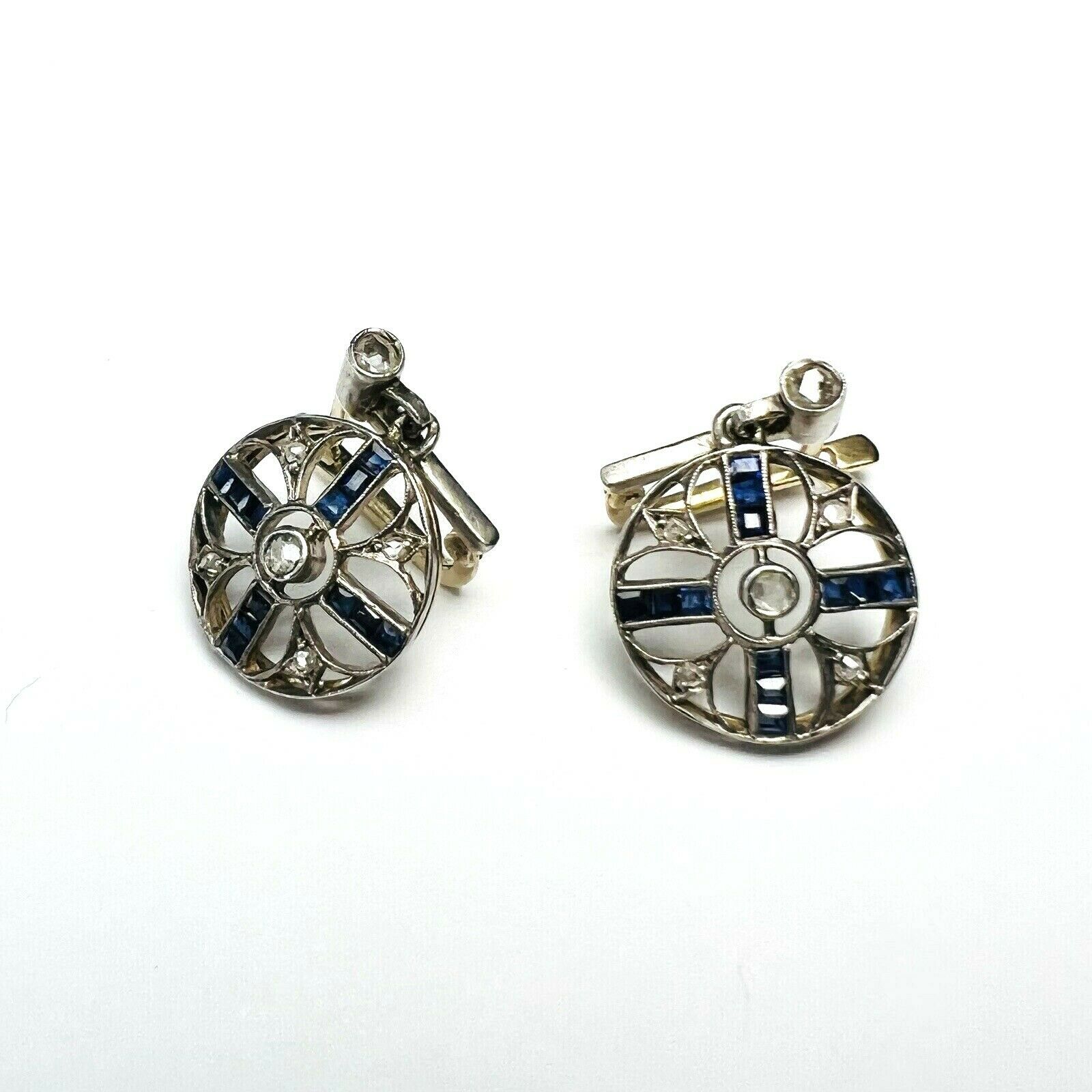 14K Yellow & White Gold Sapphire & Diamond Latch Back Dangle Earrings 1"