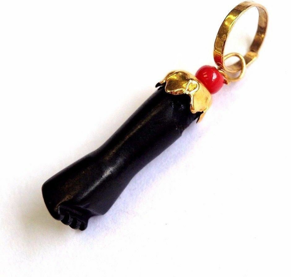 Solid 14K Yellow Gold Azabache Black Jet Figa Fist Eye Protective Pendant Charm