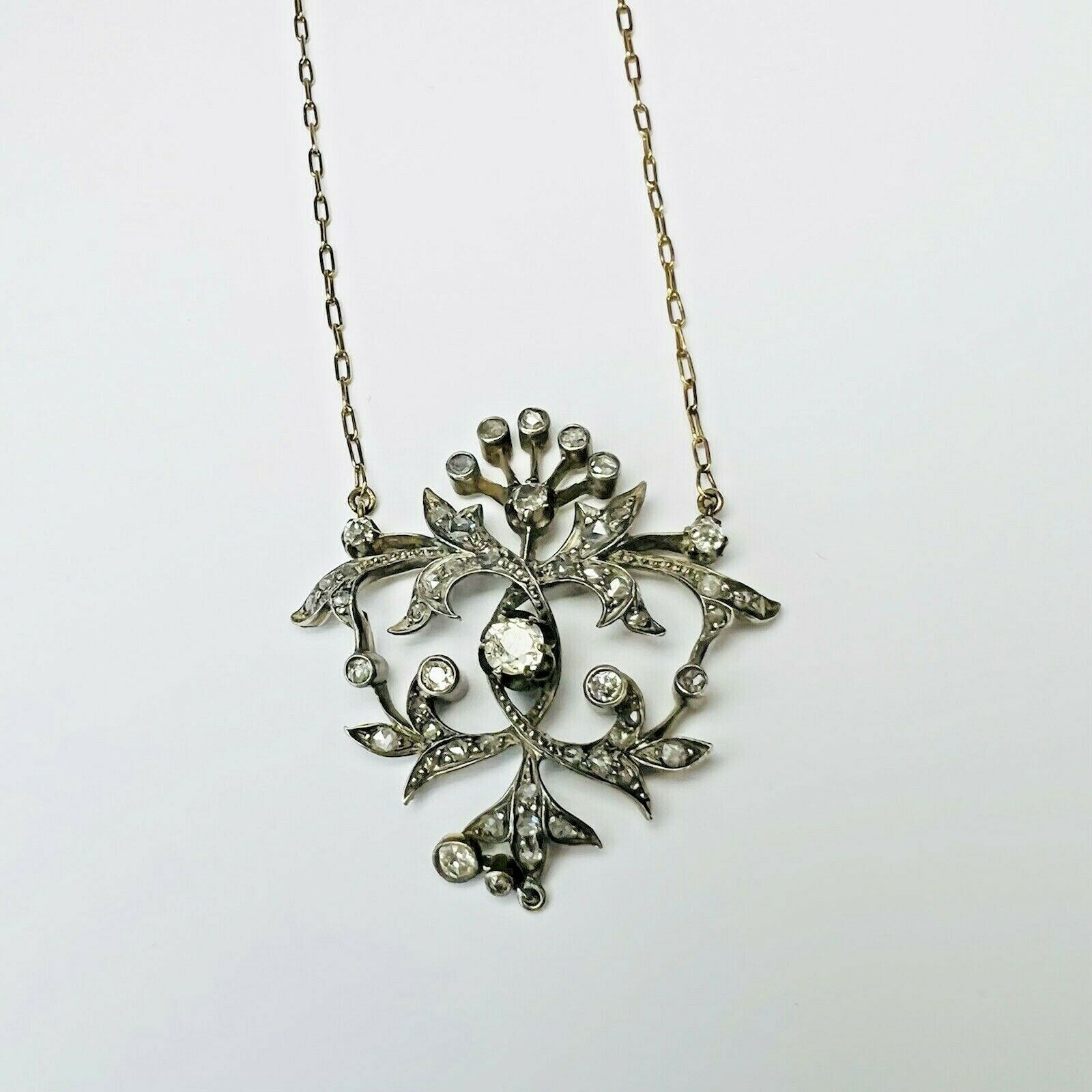 Victorian 14K Gold Old mine & Rose cut Diamond Filigree Pendant Necklace 19"