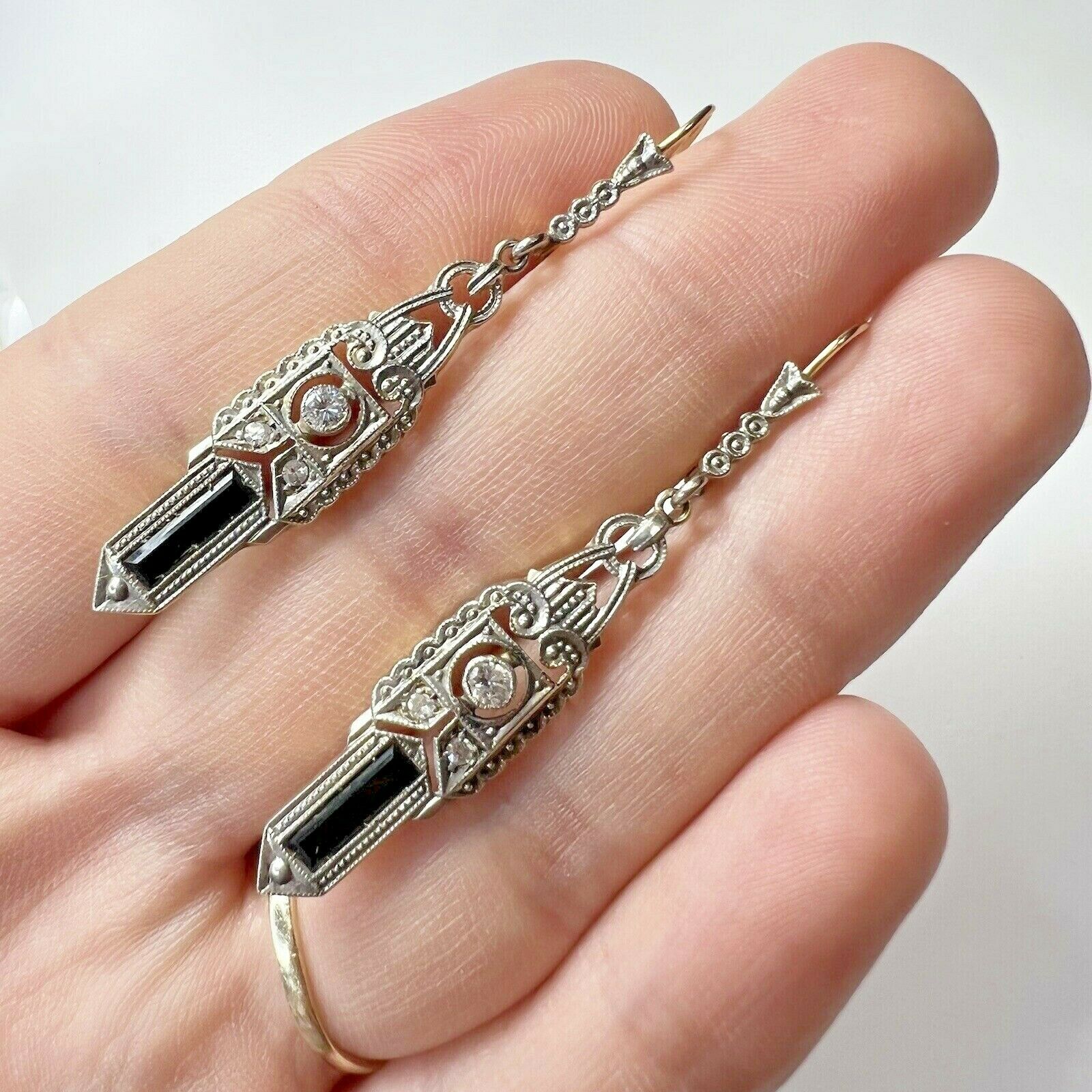 Art Deco 14K Gold Onyx & Diamond Filigree Dangle Drop Lever Back Earrings 1.75"