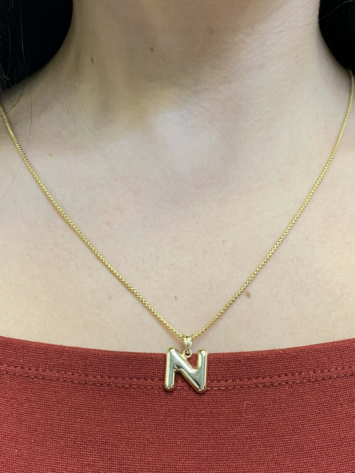 Initial N Puffy Balloon Letter 10K Yellow Gold Pendant