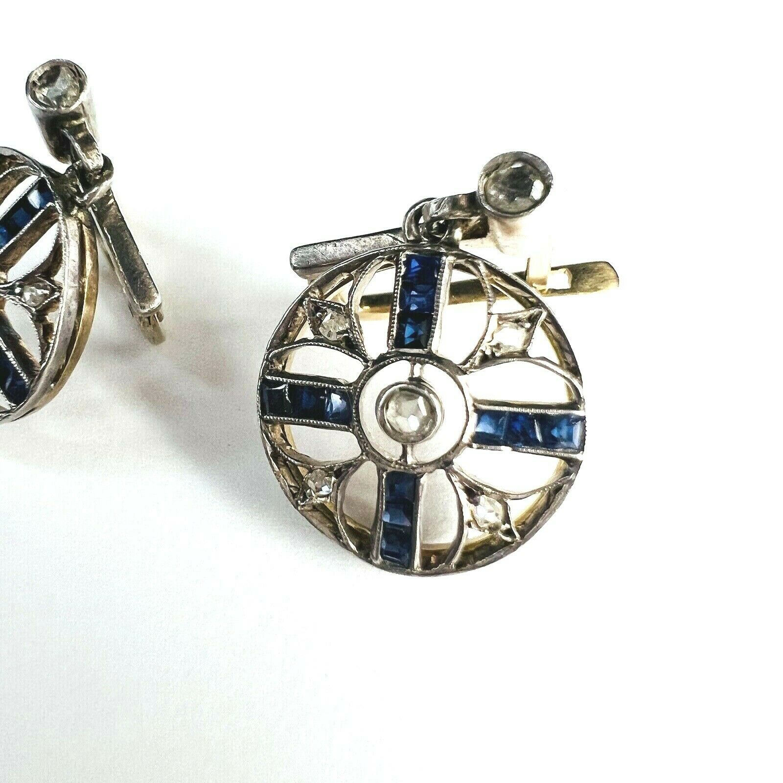 14K Yellow & White Gold Sapphire & Diamond Latch Back Dangle Earrings 1"