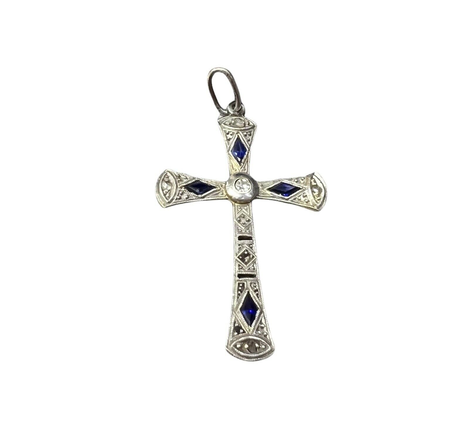 Platinum Sapphire and Rose Cut Diamond Cross Pendant 1.5 x .90"