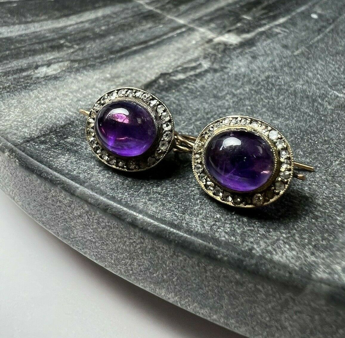 Victorian 14K Yellow Gold Cabochon Amethyst Old Mine Cut Diamond Earring