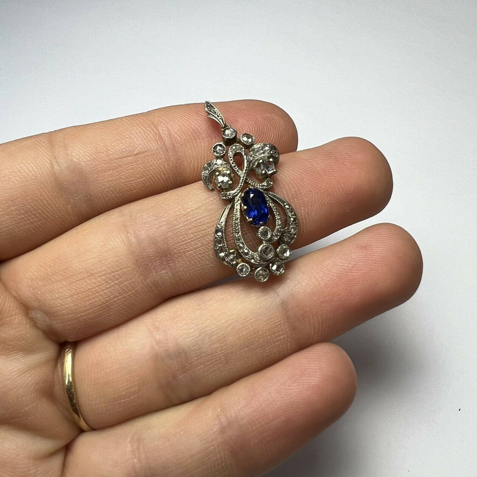 Antique Sapphire and Diamond Platinum and Yellow Gold Pendant 1.3x.60"