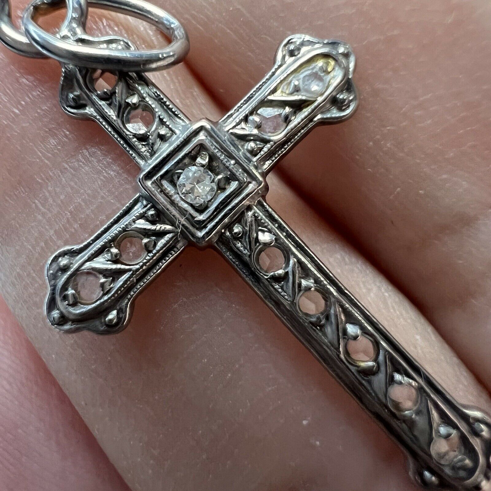 Platinum Rose Cut Diamond Cross Pendant Art Deco Antique 1.25 x .65"