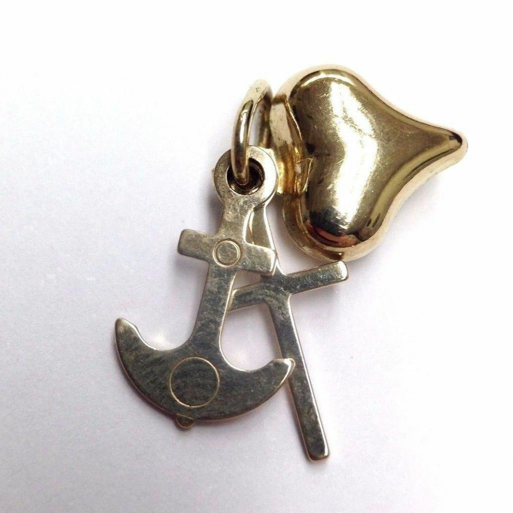 Solid 14K Gold Yellow Gold Puffy Heart Anchor and Cross Charm Pendant