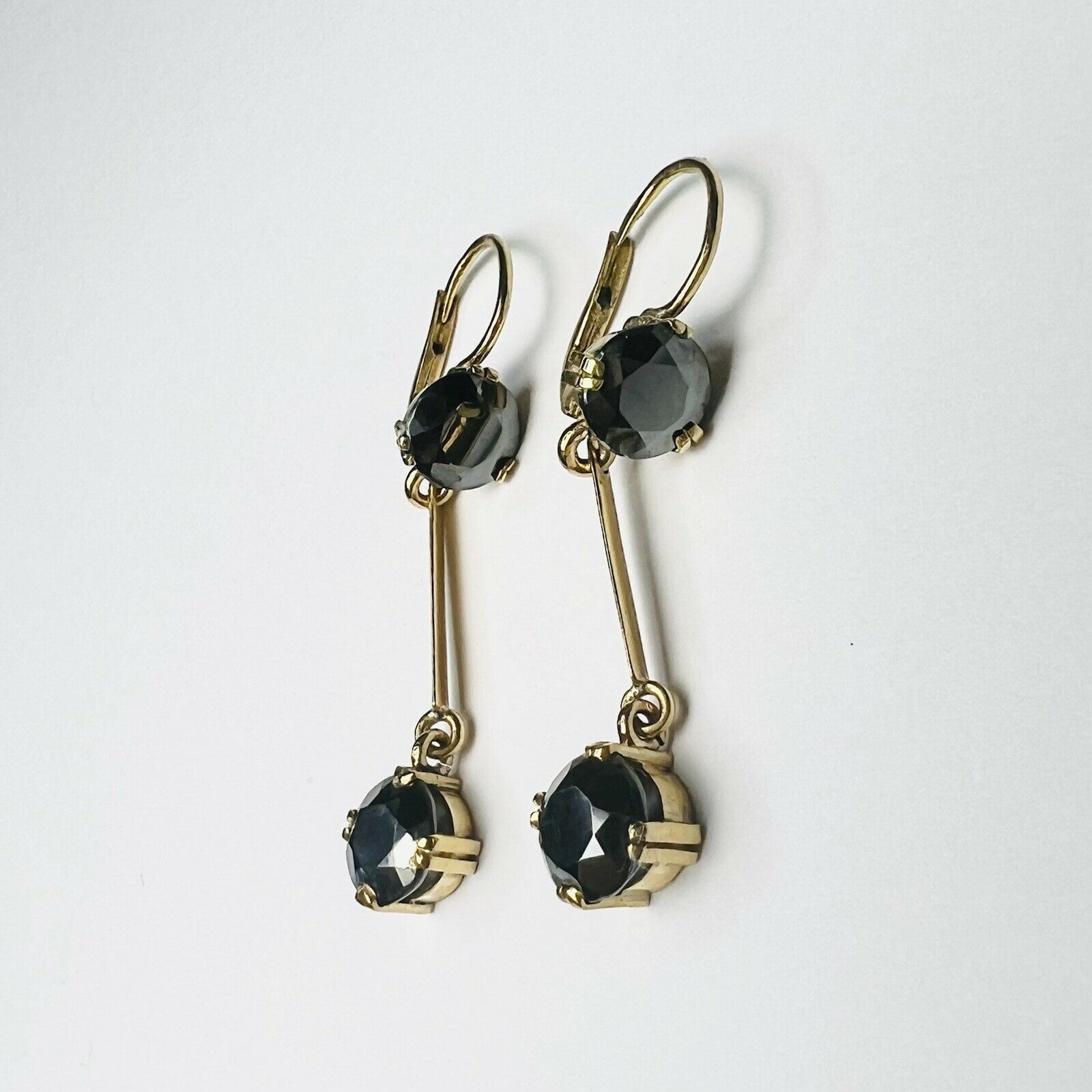 14K Yellow gold Round Hematite Dangle Drop Lever Back Earrings 1.2"