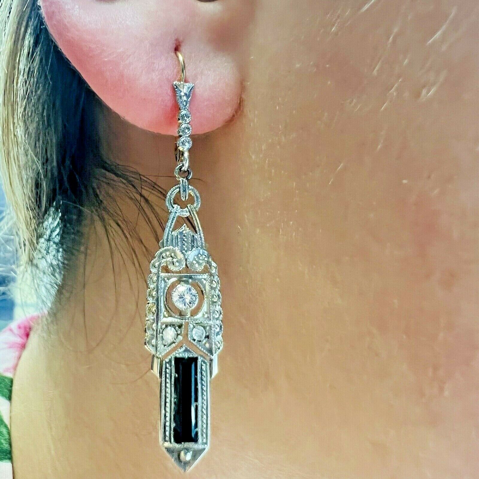 Art Deco 14K Gold Onyx & Diamond Filigree Dangle Drop Lever Back Earrings 1.75"