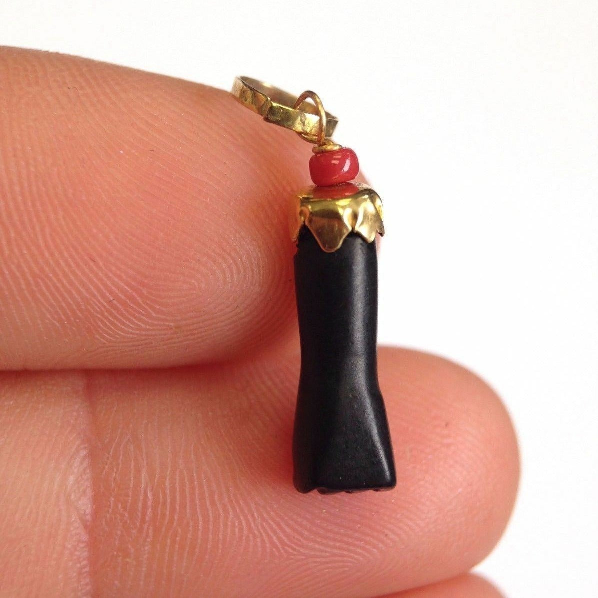 Solid 14K Yellow Gold Azabache Black Jet Figa Fist Eye Protective Pendant Charm
