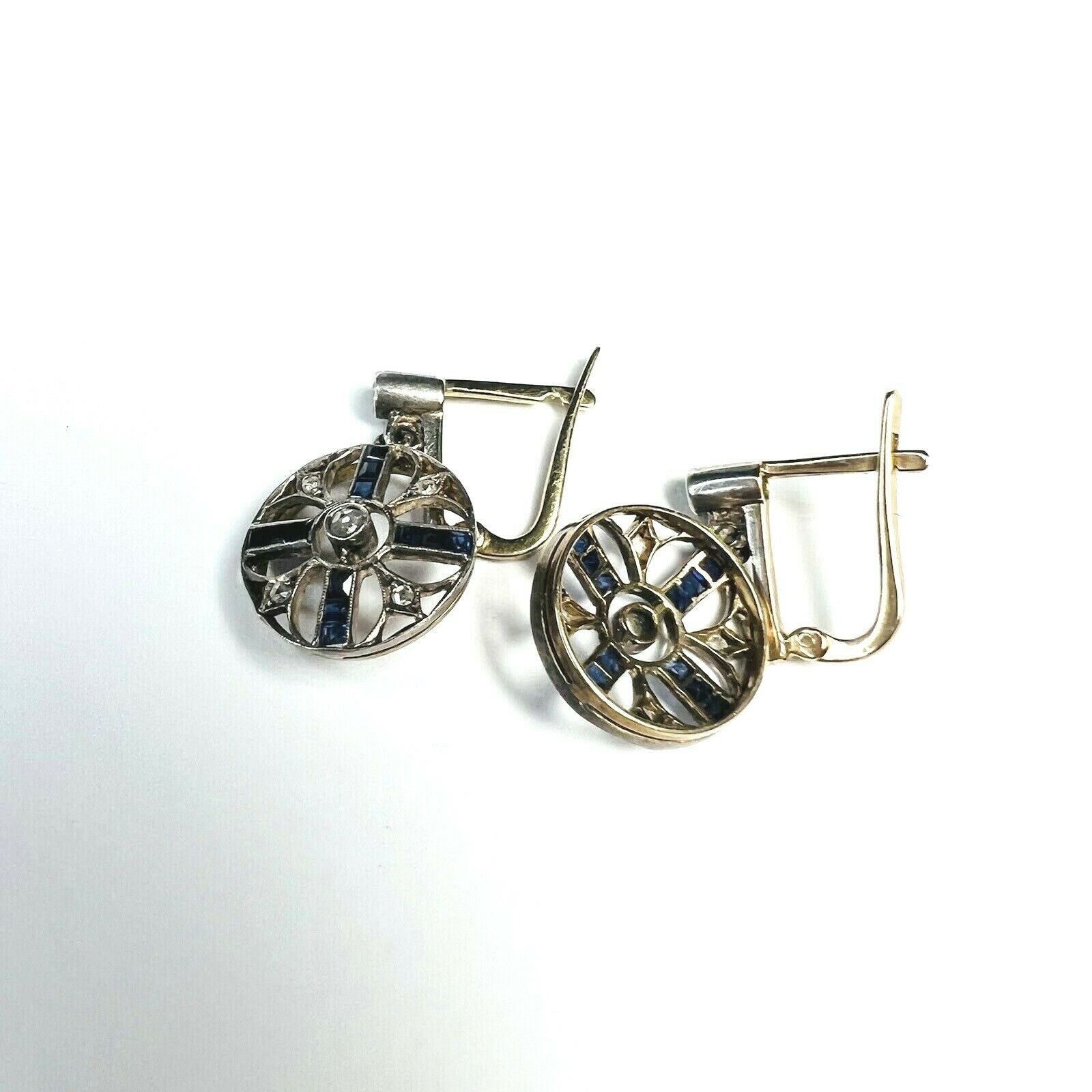 14K Yellow & White Gold Sapphire & Diamond Latch Back Dangle Earrings 1"