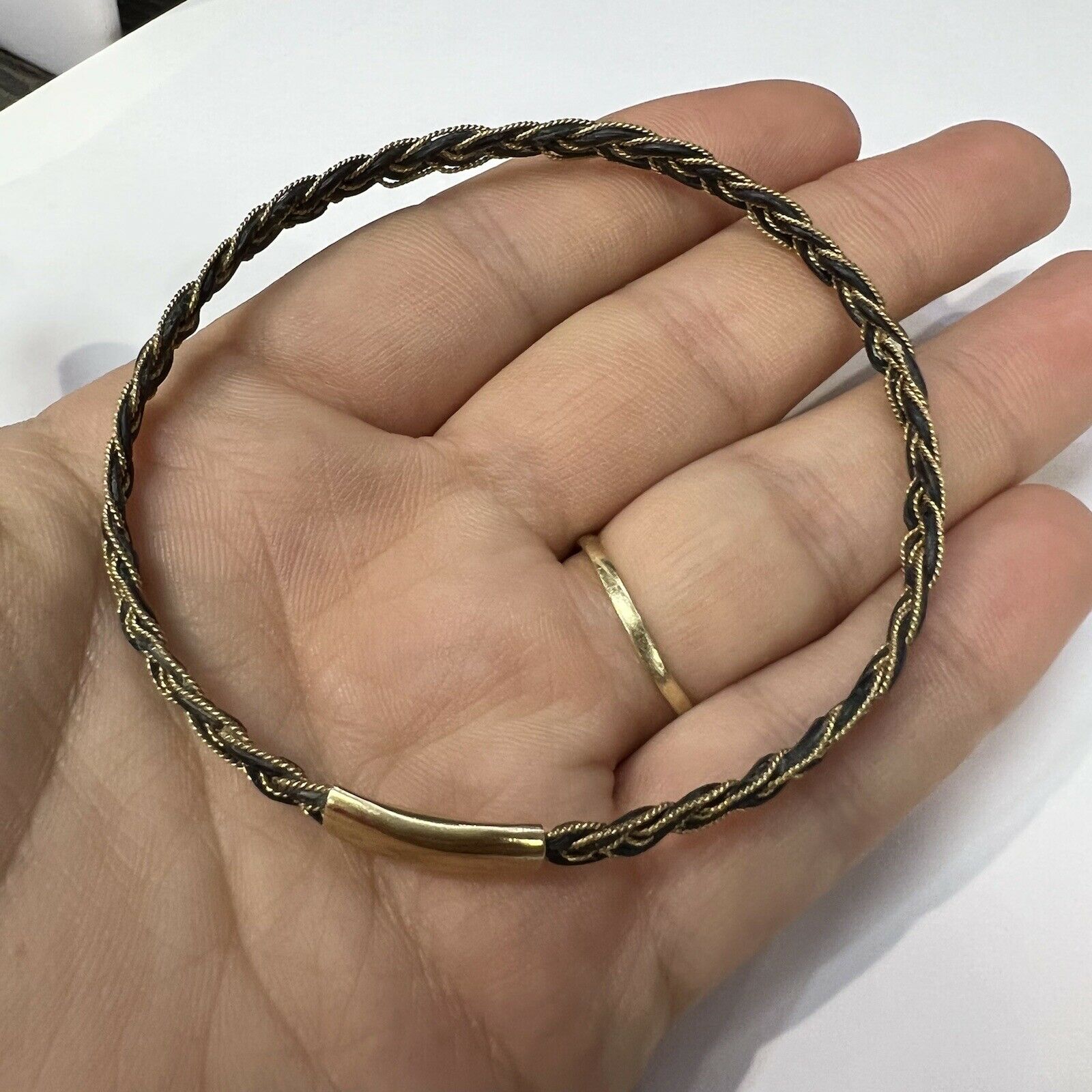 Solid 10K Yellow Gold and Hair Antique Bangle Slip-on Bracelet 7.8"